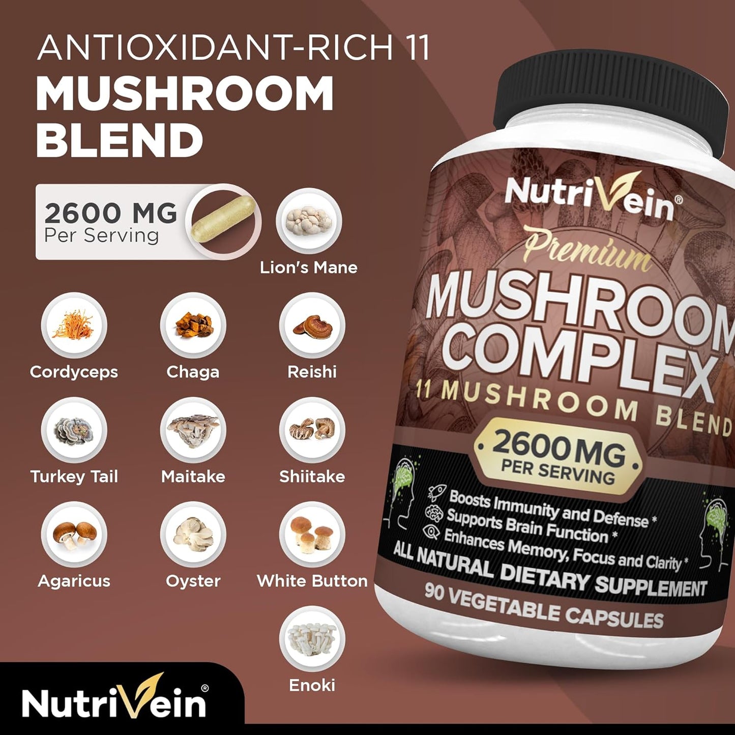 Nutrivein Mushroom Supplement - 2600mg - 90 Capsules