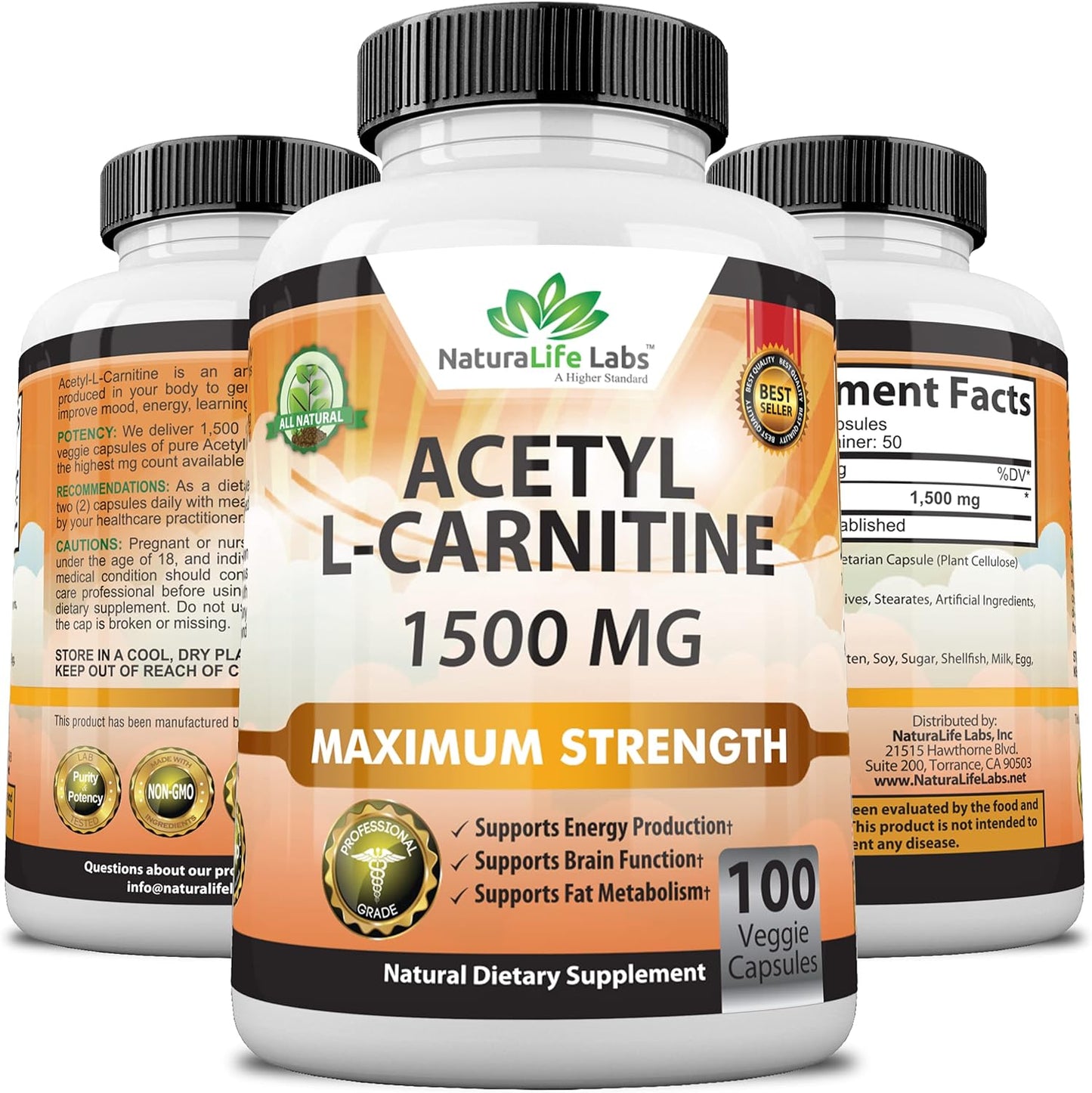 Acetyl L-Carnitine 1,500 mg High Potency Supports 100 Veggie Capsules