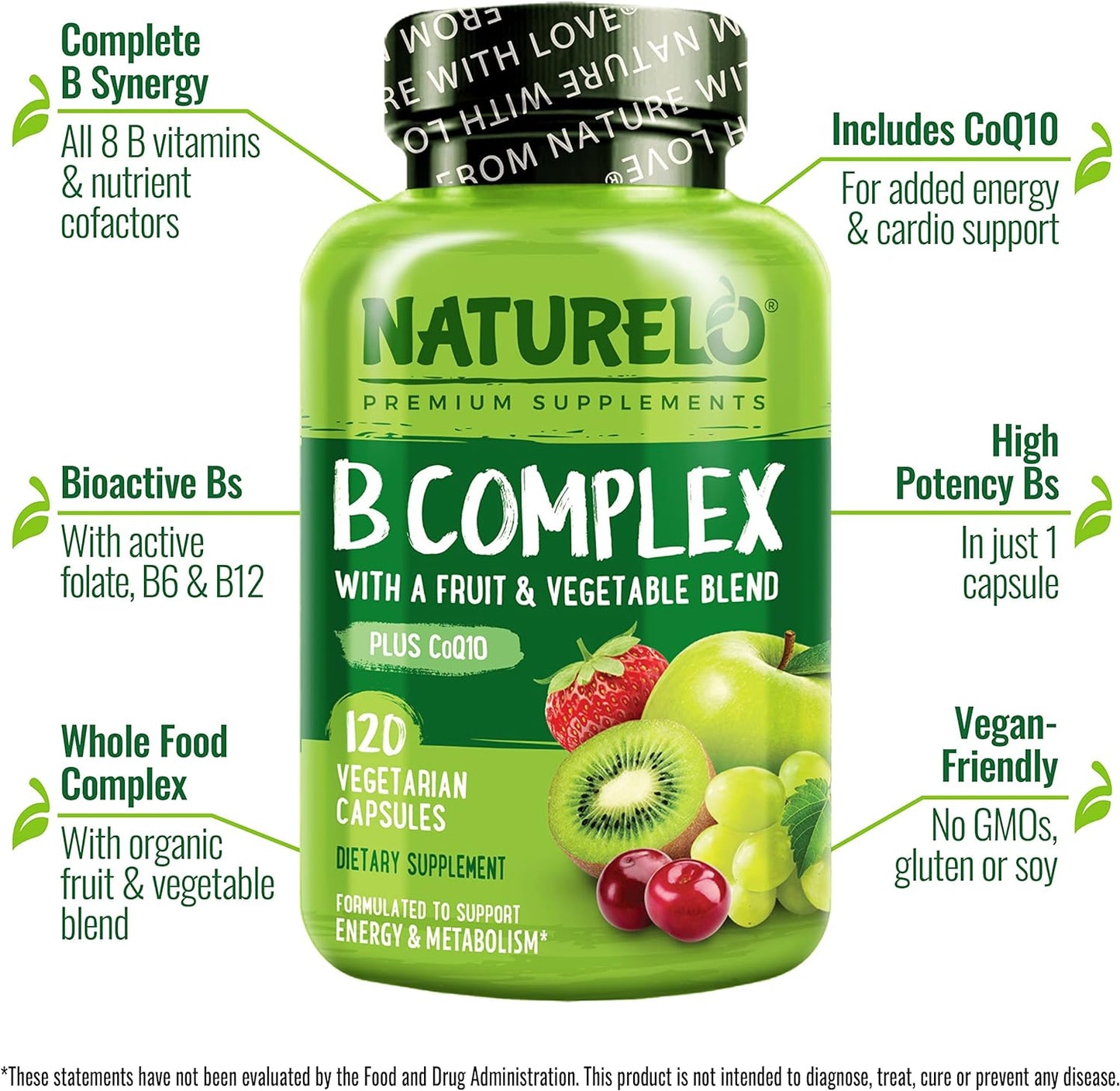 NATURELO Vitamin B Complex with Methyl B12, 120 capsules