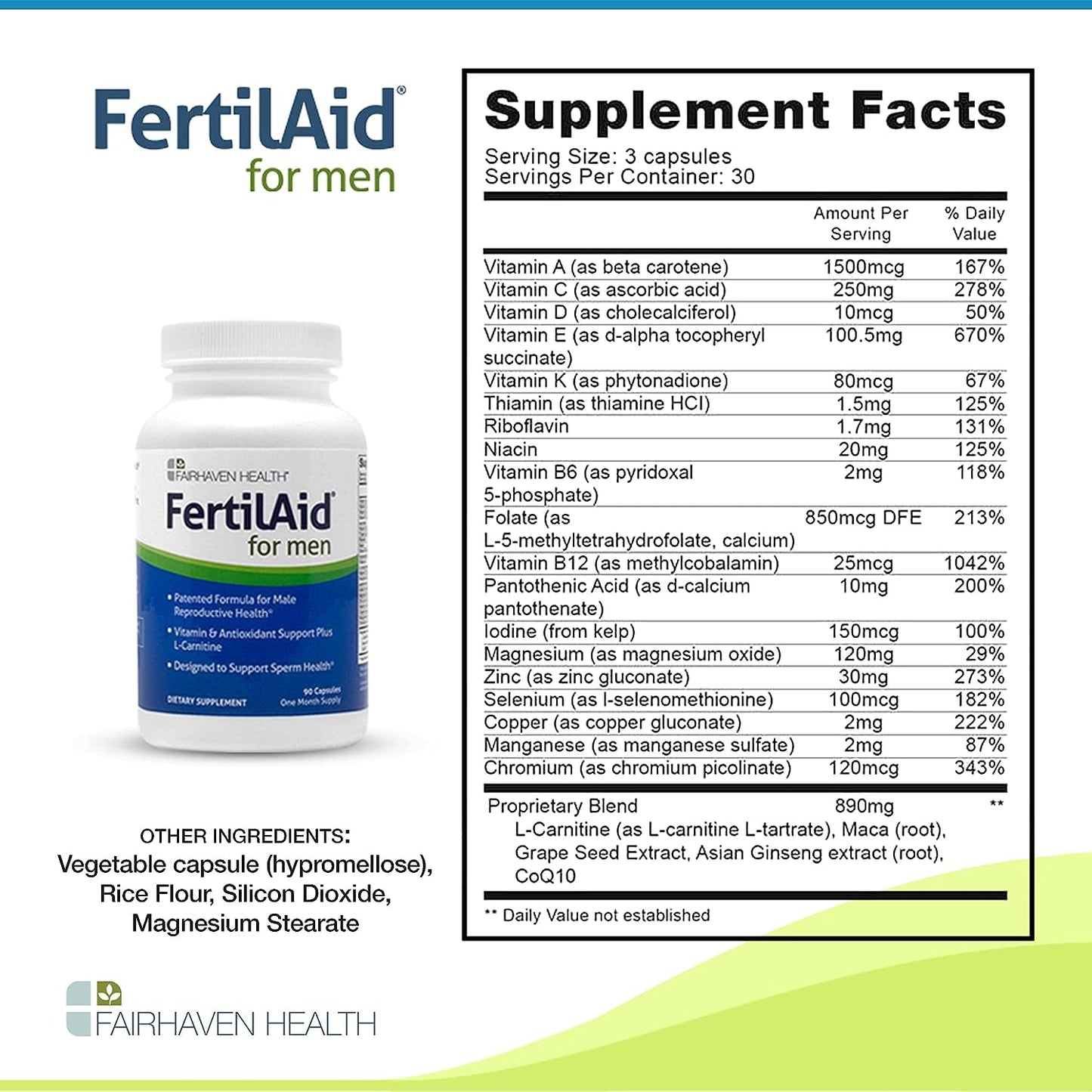 Fairhaven Health FertilAid for Men Prenatal Male Fertility Supplement 90 Capsules