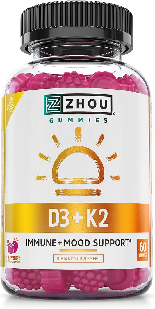 Zhou Nutrition Vitamin D3 K2 Gummies, Bone and Heart Health 60 Count