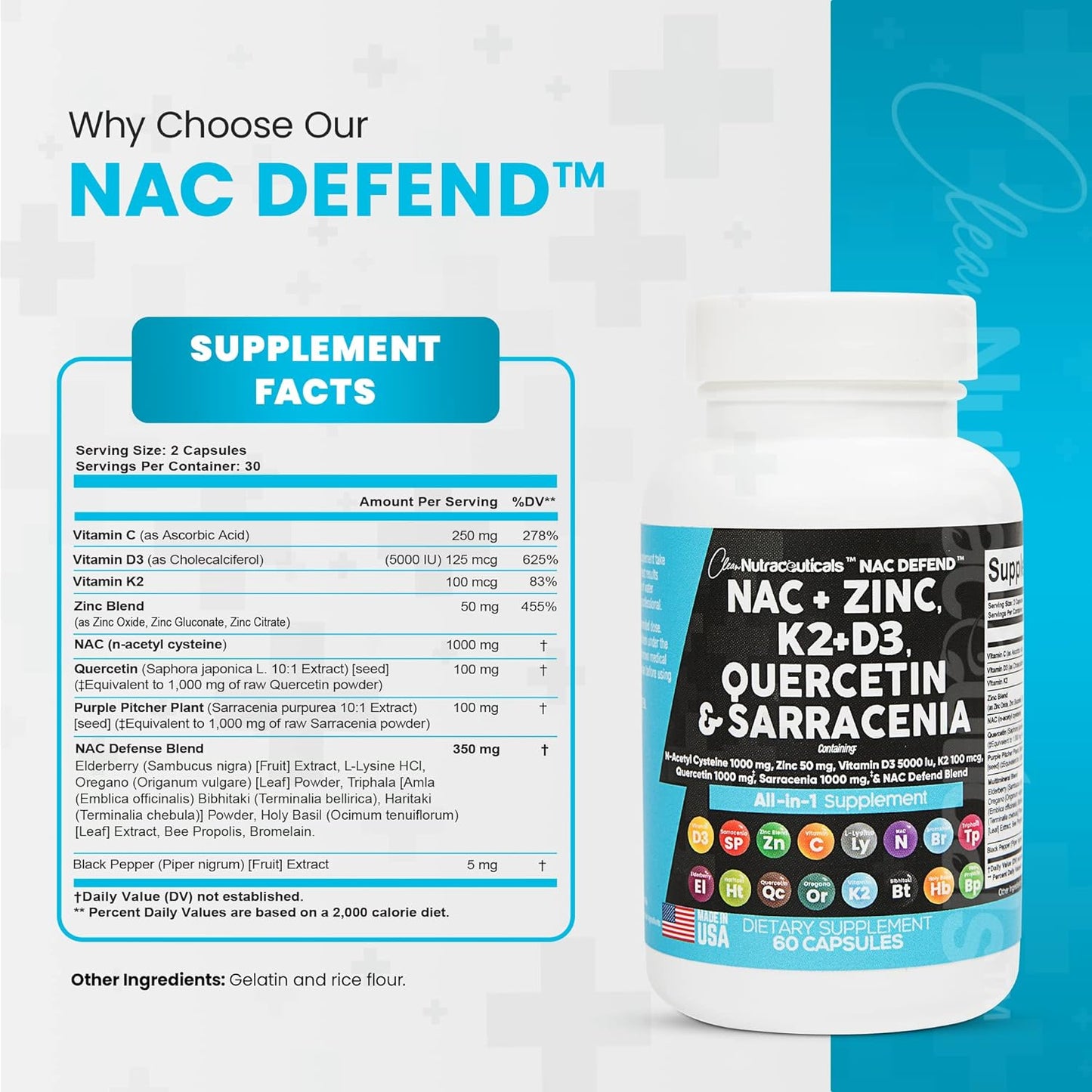 NAC Supplement N-Acetyl Cysteine Vitamin D3 K2 Zinc Quercetin Sarracenia 60 Count