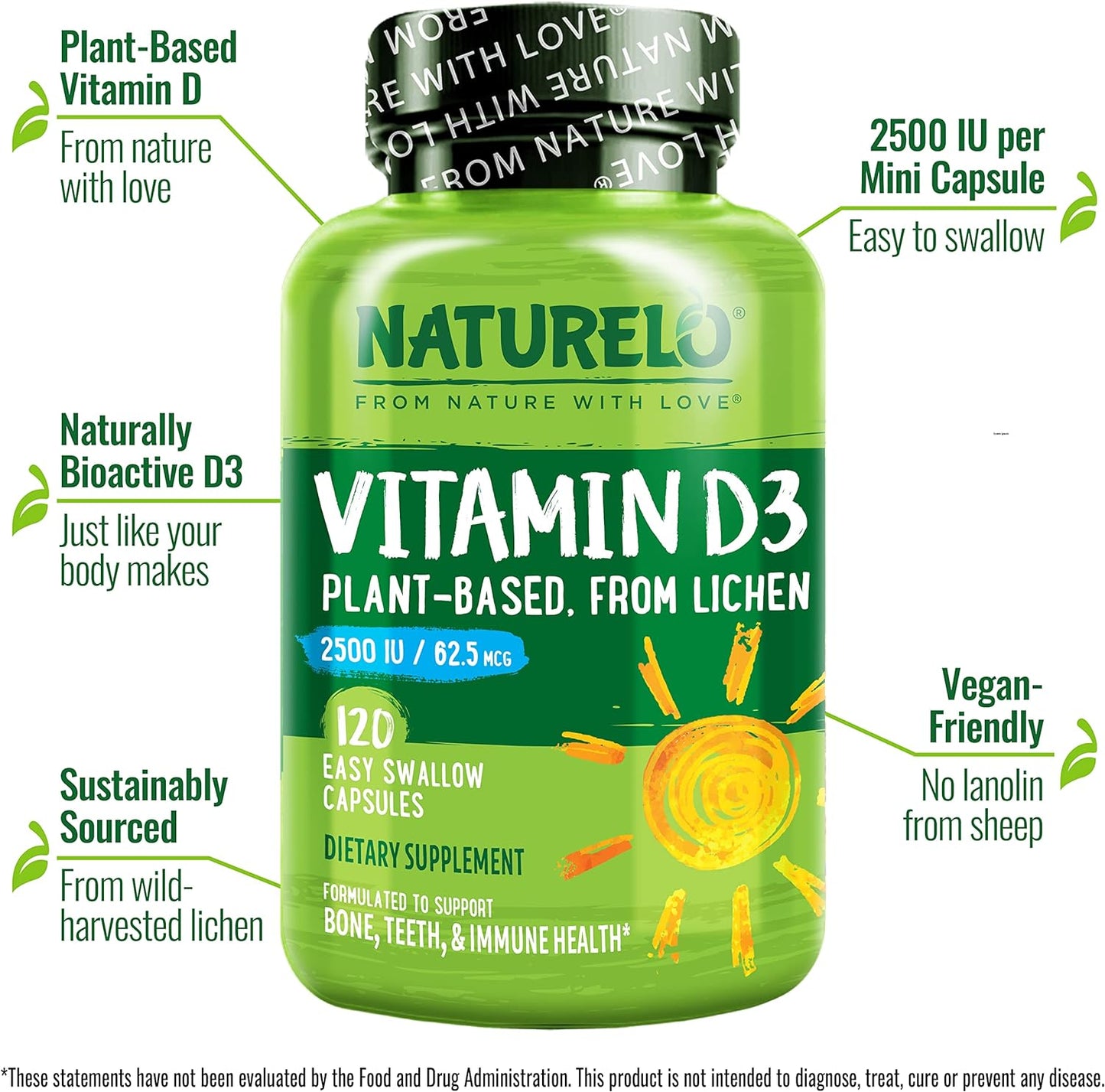 NATURELO Vitamin D - 2500 IU - Plant Based from Lichen - 120 count