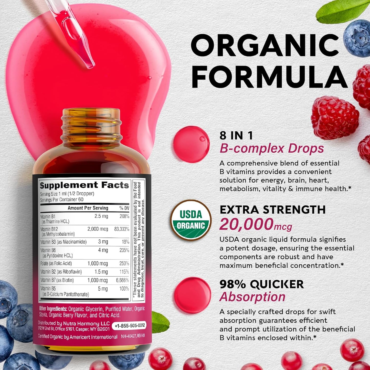 USDA Organic Vitamin B Complex w/ B5 8-in-1 Liquid Drops