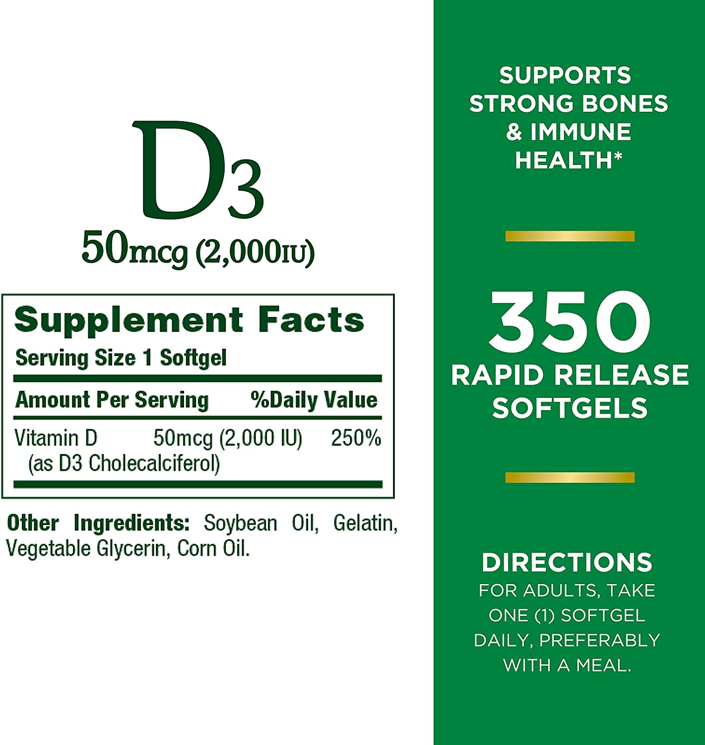 Nature’s Bounty Vitamin D3, Immune Support, 2000 IU, Softgels, 350 Ct