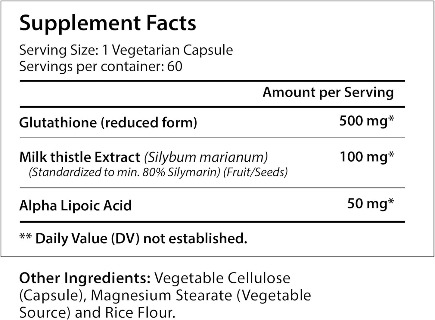 LongLifeNutri Reduced L Glutathione  GSH - 60 Veg Caps