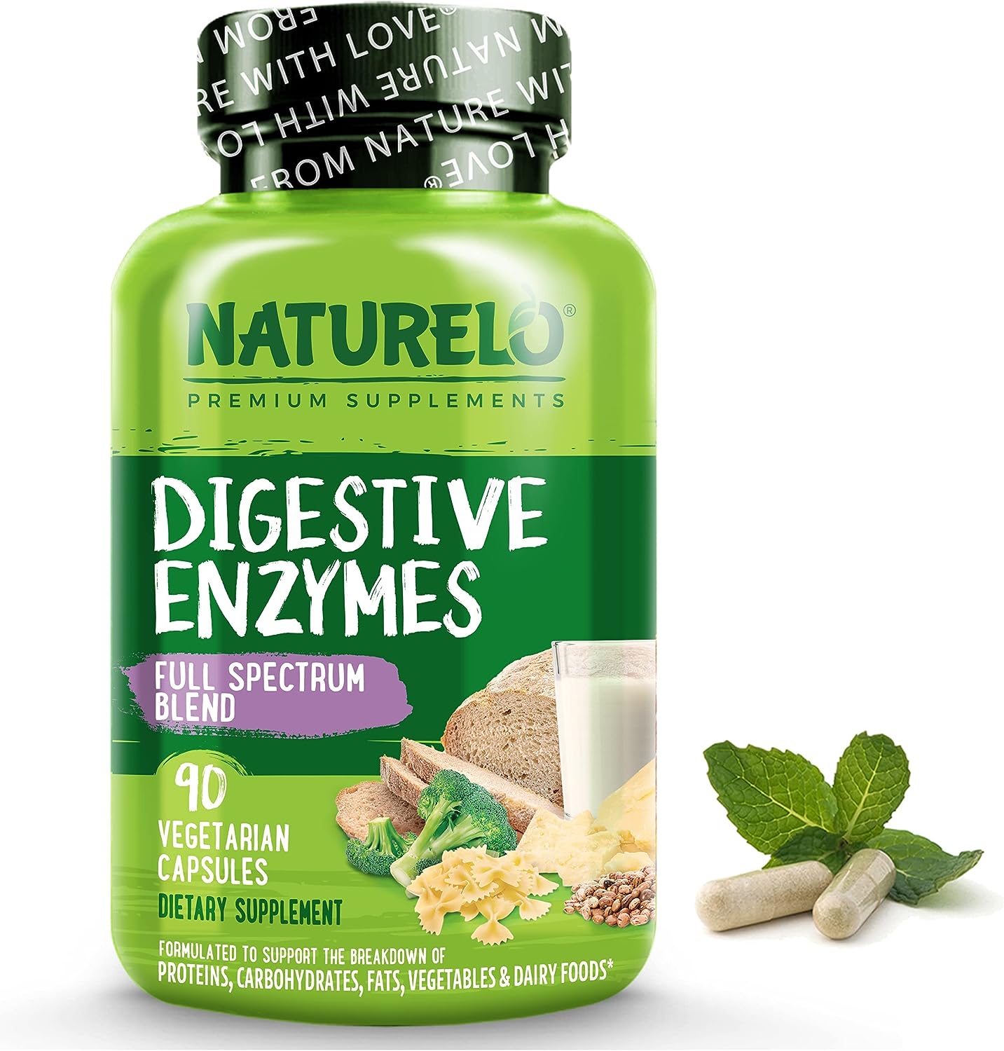 NATURELO Digestive Enzymes - Full Spectrum Support with a Broad Blend of 15 Enzymes Plus Ginger - 90 Vegan Capsules