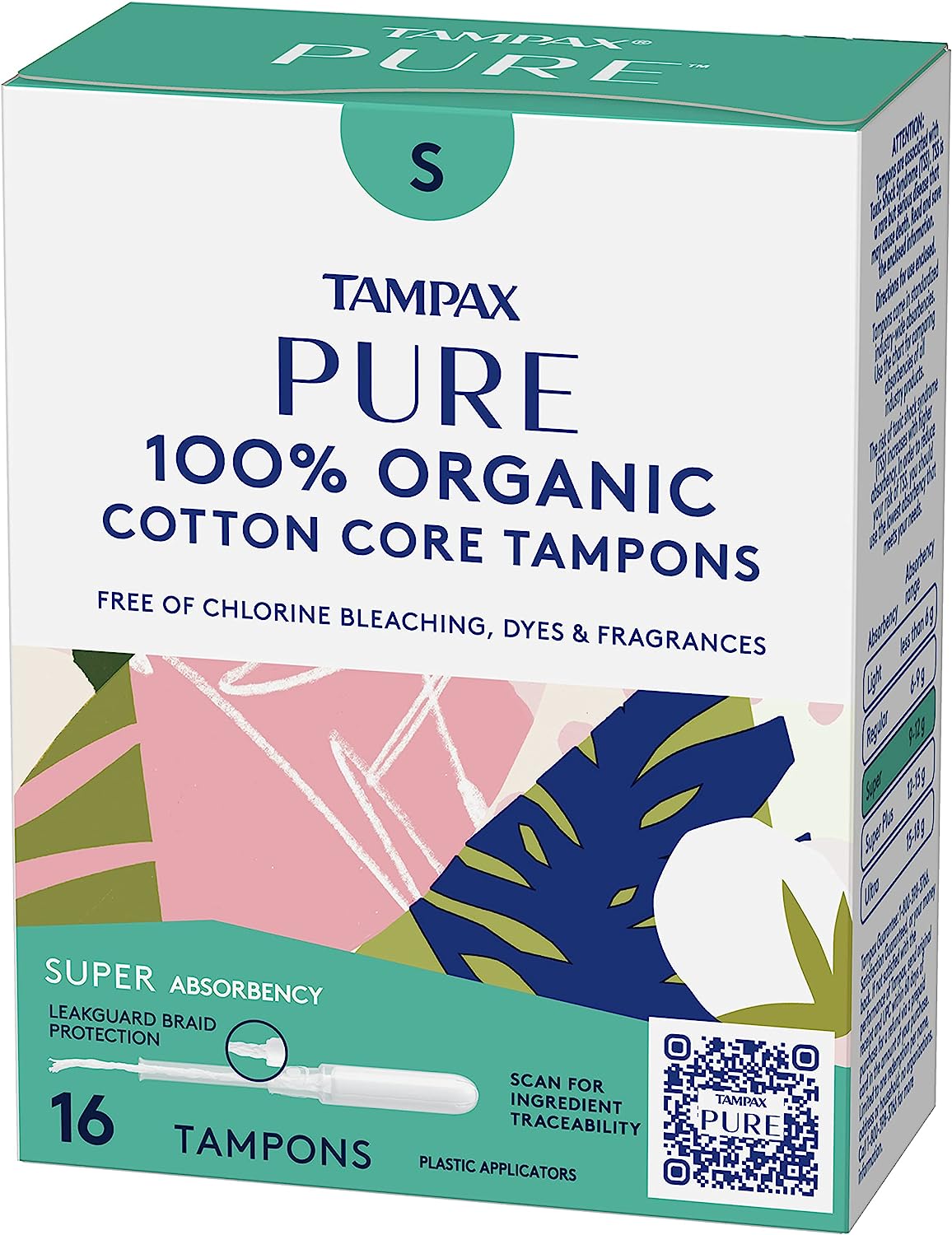 TAMPAX Pure Tampons Super Absorbency, Unscented, 16 Count, (Pack of 3, 48 Total Count)