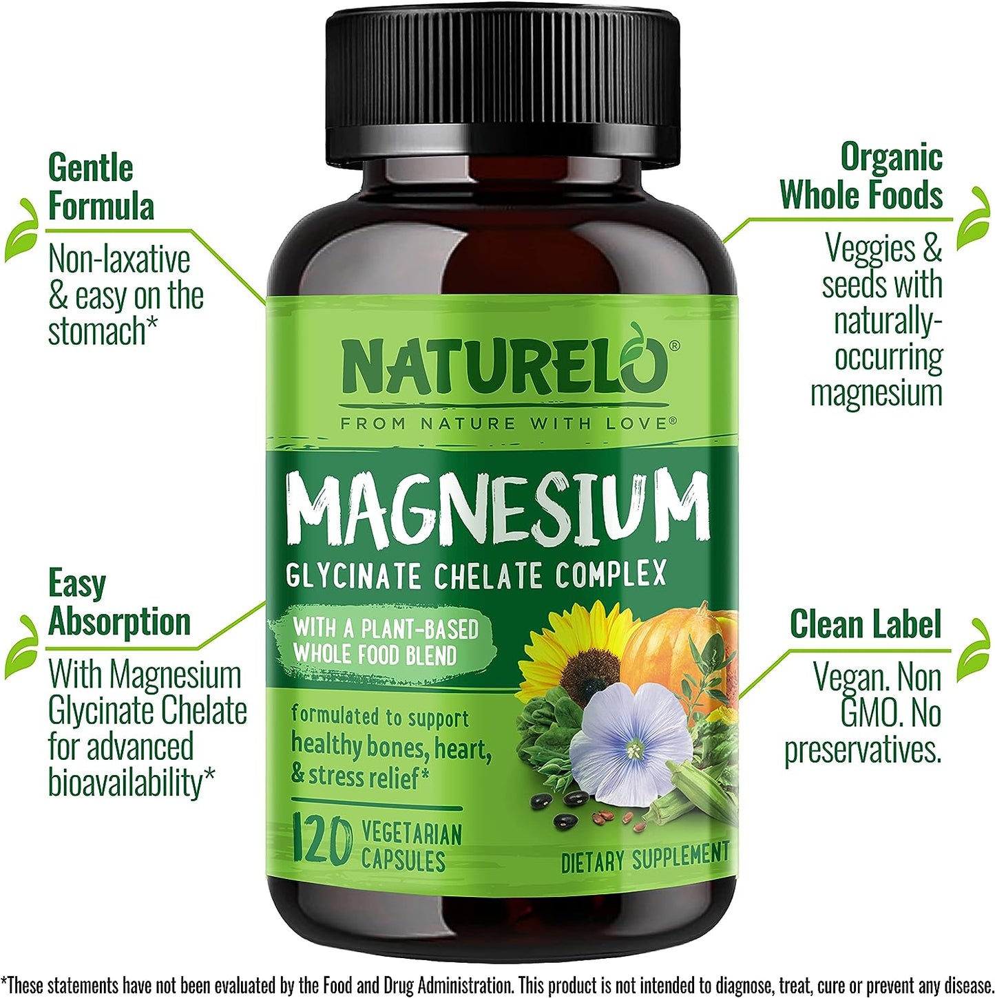 NATURELO Magnesium Glycinate Chelate Complex - 120 Capsules