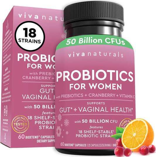 Womens Probiotics For Gut Health With Prebiotic Fiber, Cranberry and Vitamin C  60 count