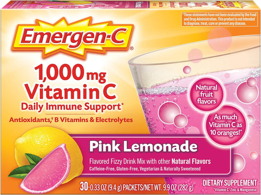 Emergen-C 1000mg Vitamin C Powder, with Antioxidants, B Vitamins and Electrolytes, Immunity Supplements for Immune Support, Caffeine Free Fizzy Drink Mix, Pink Lemonade Flavor - 30 Count