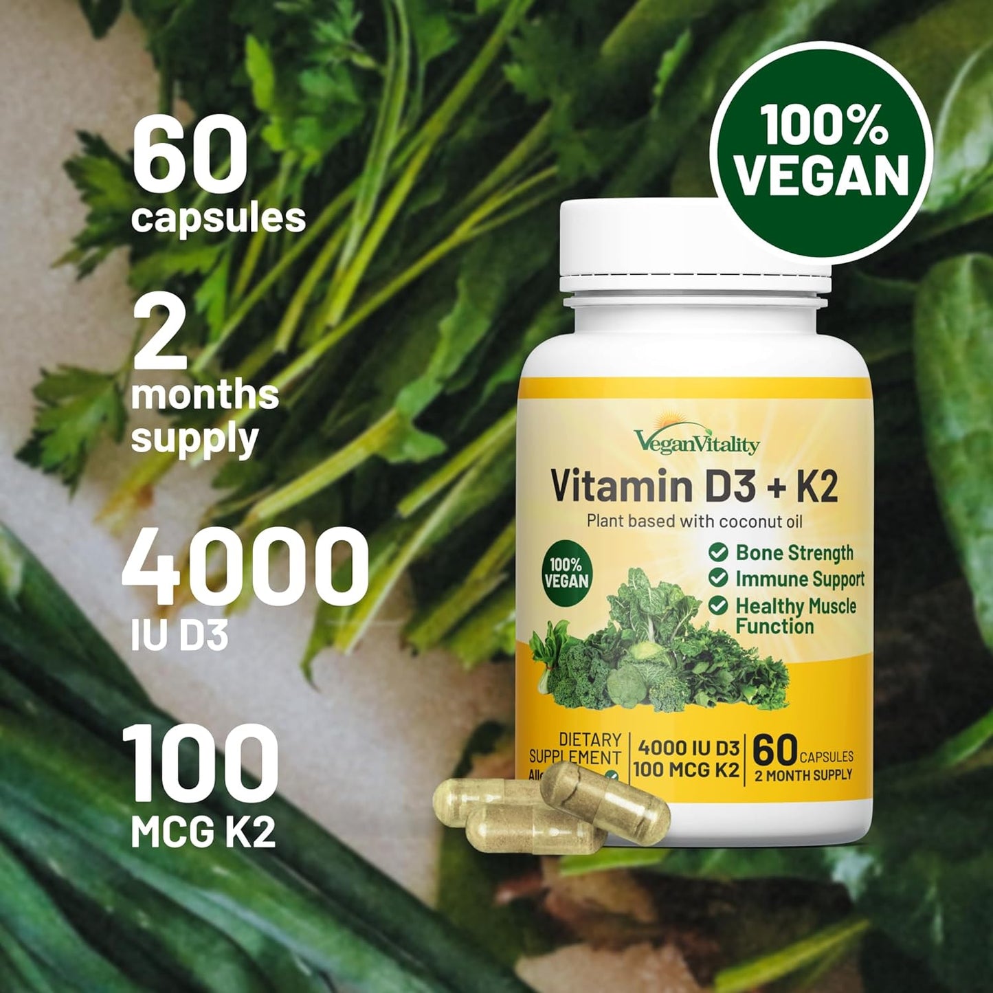 Vegan Vitamin D3 + K2 4000IU  with Coconut Oil,  60 Capsules