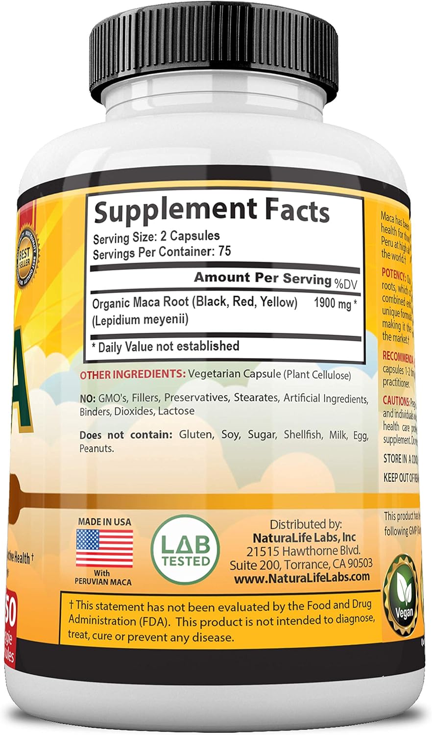 Organic Maca Root Black, Red, Yellow  - 150 Vegan Capsules