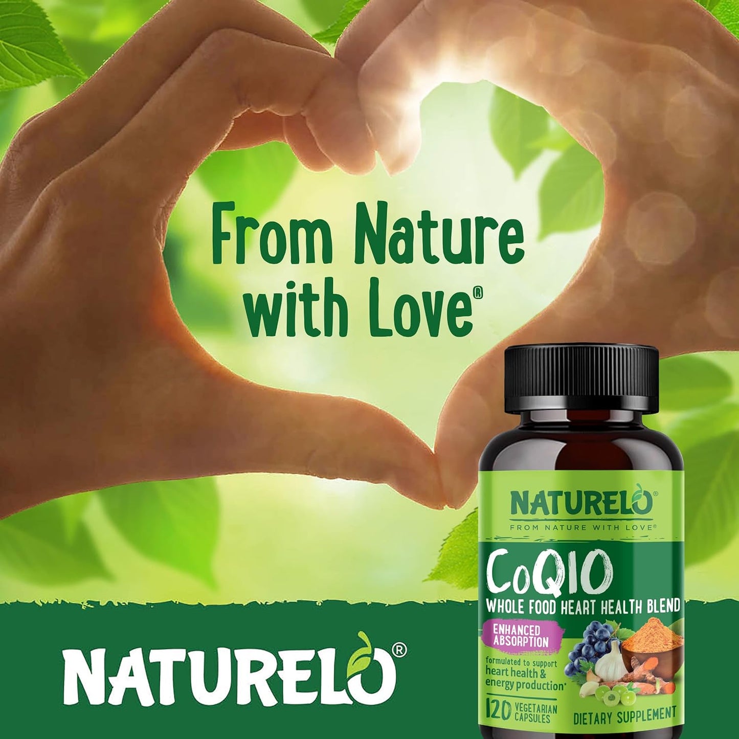 NATURELO Whole Food CoQ10 with Heart Health Blend, 120 capsules