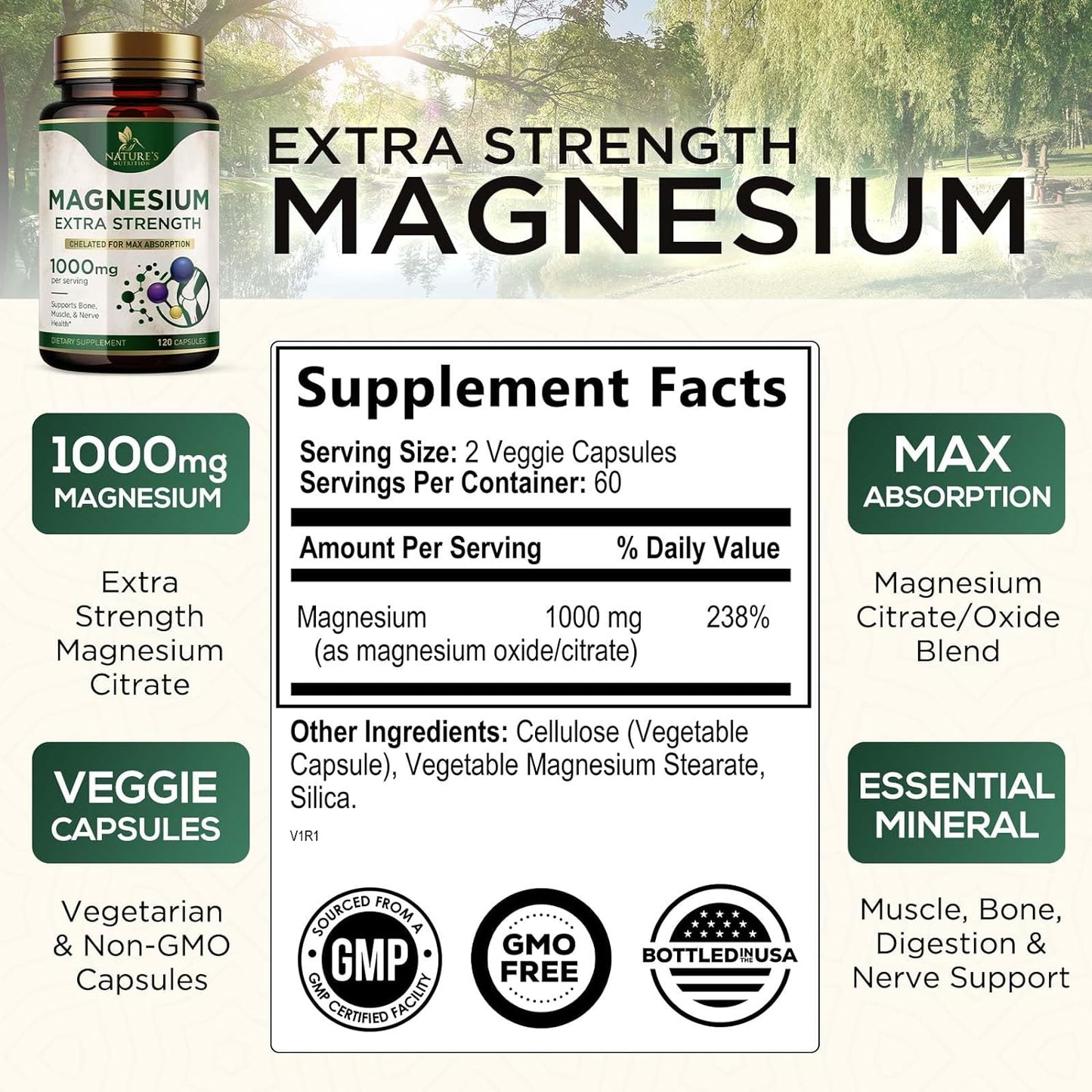 Magnesium Extra Strength 1000mg - Chelated for Max Absorption- 120 Capsules