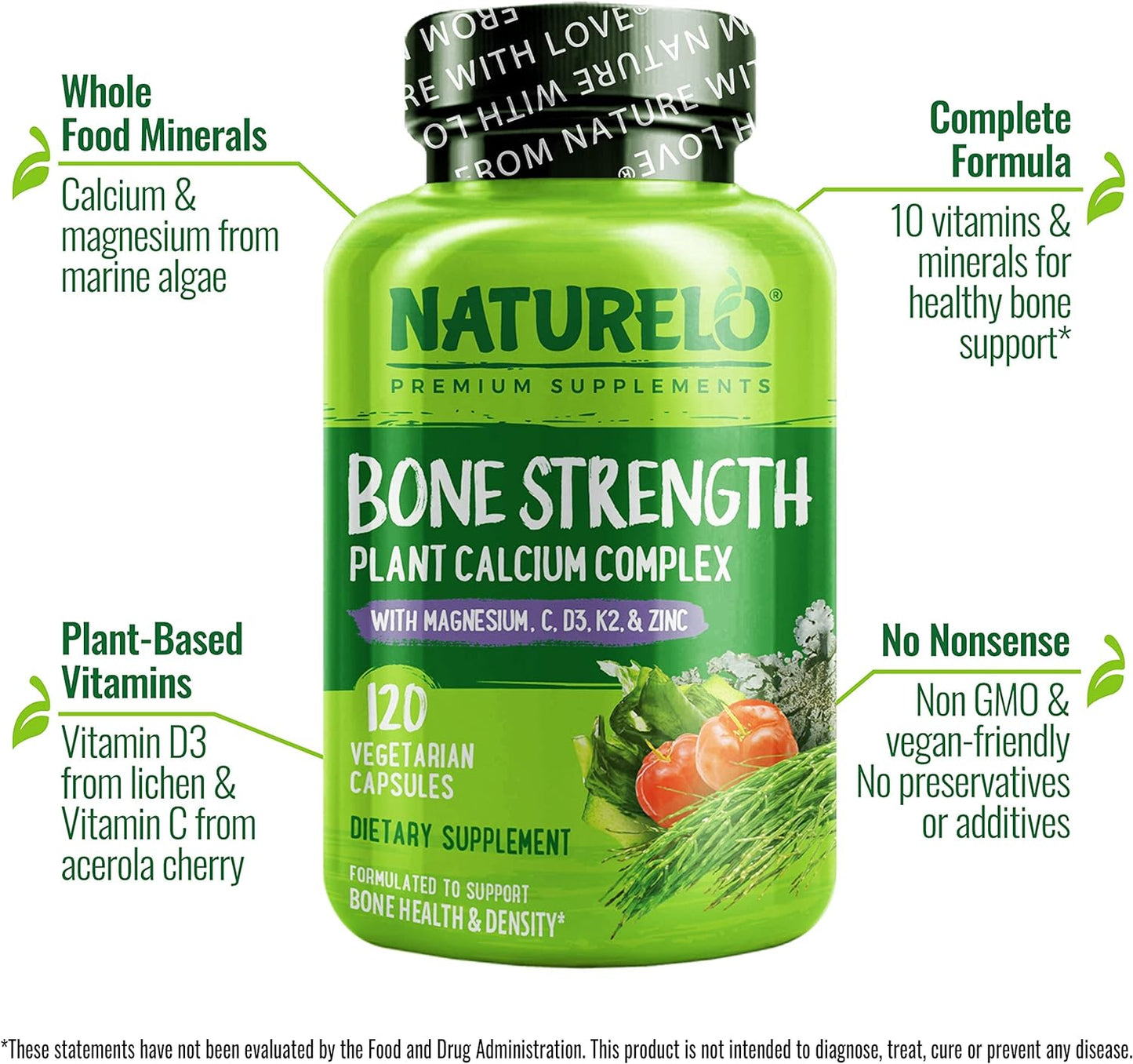 NATURELO Bone Strength - Plant-Based Calcium, Magnesium, Potassium, Vitamin D3, VIT C, K2- 120 capsules