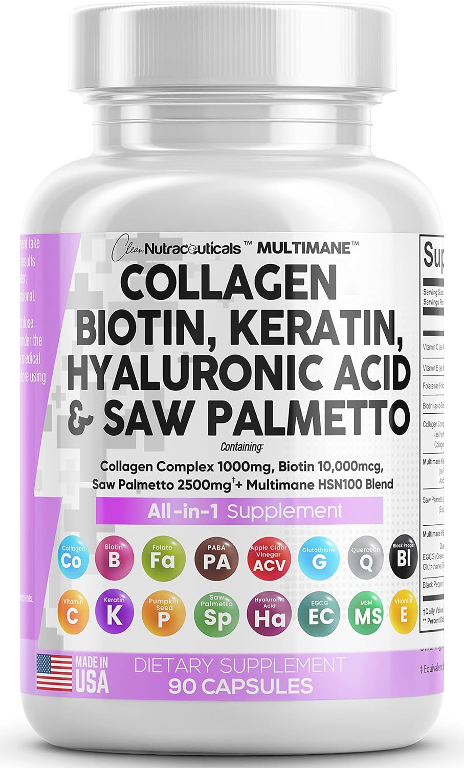 Collagen Pills  Biotin , Keratin Saw Palmetto 90 Count