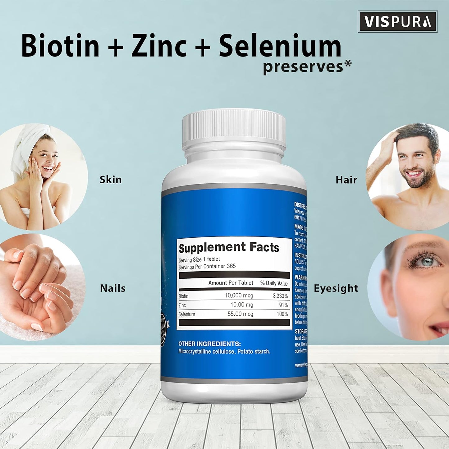 Biotin 10000 mcg + Zinc + Selenium, Pure, Vegan & Extra Strong -365 tablets