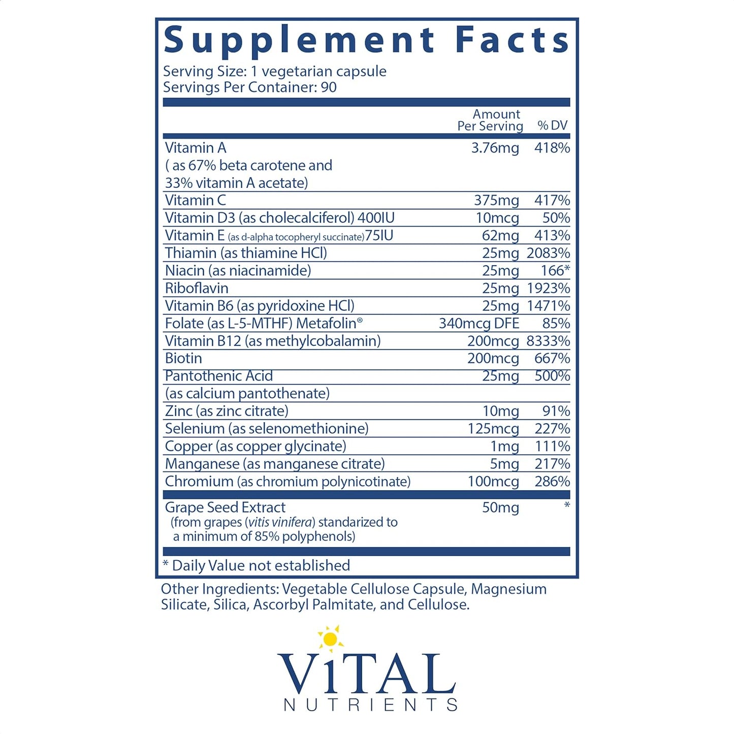 Vital Nutrients Minimal and Essential Multivitamin  90 Capsules