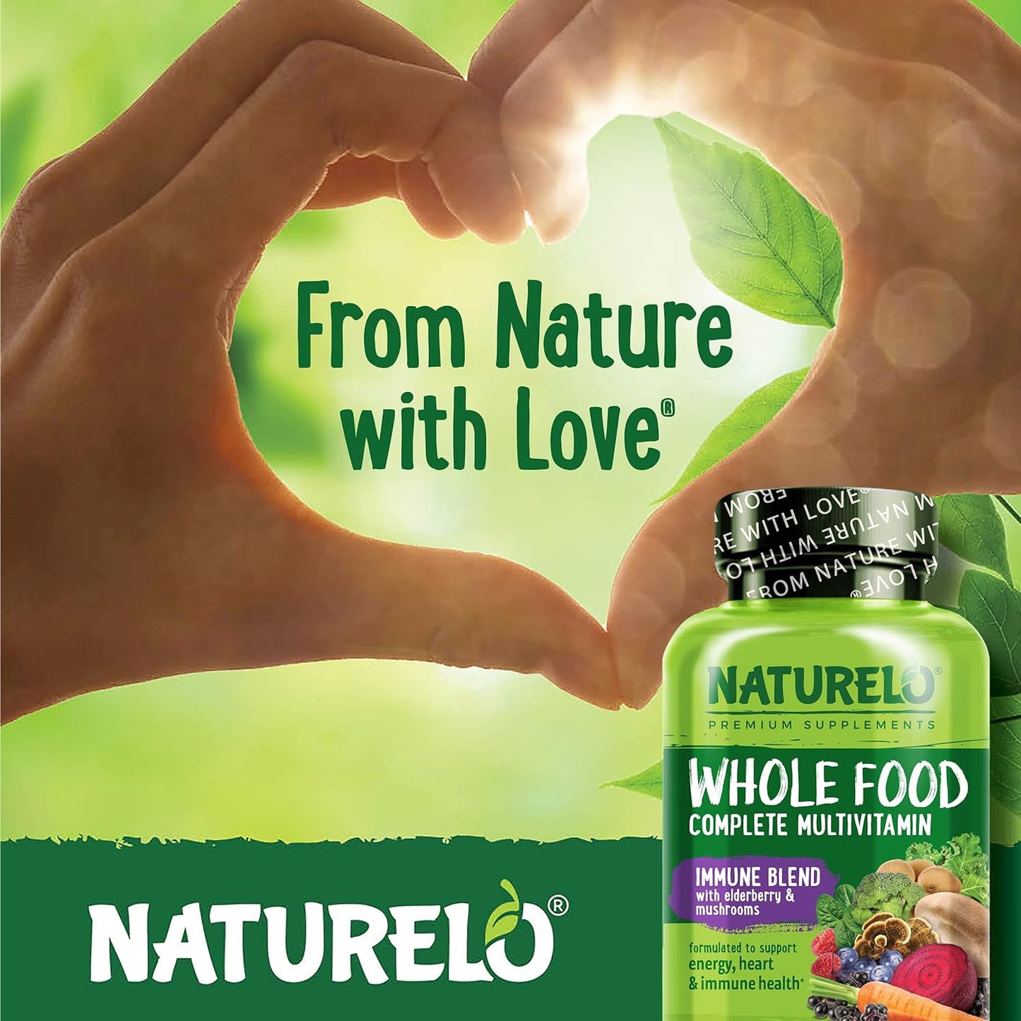 NATURELO Whole Food Multivitamin + Immune Blend with Elderberry & Mushrooms - 60 capsules