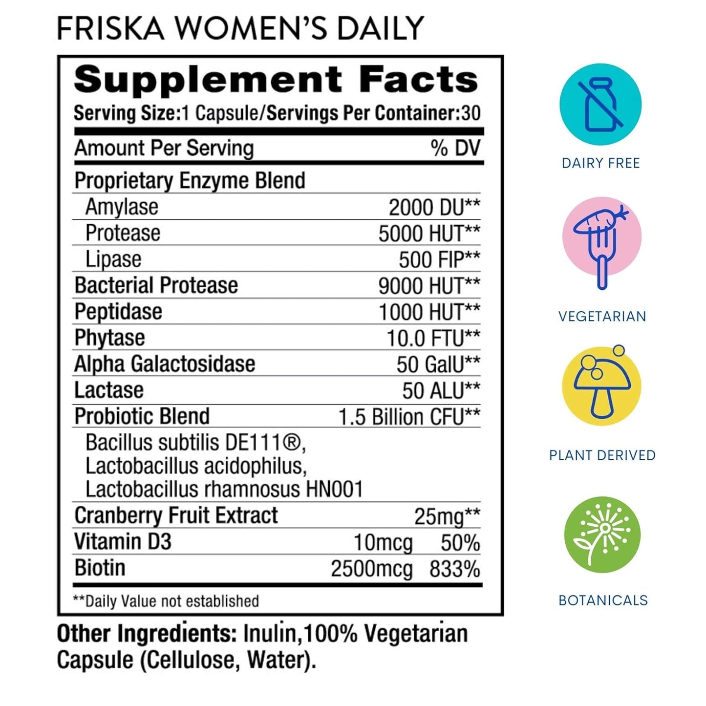 FRISKA Women’s Daily Digestive Enzyme and Probiotics Supplement 30 Capsules