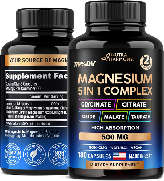 Magnesium Supplement - 5 in 1 Complex 500 mg 180 Capsules