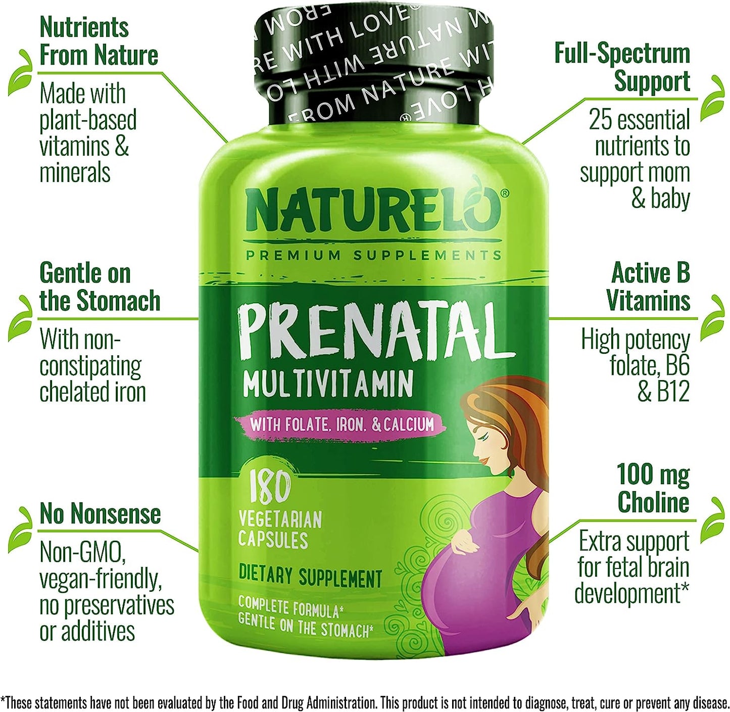 NATURELO Prenatal Multivitamin with Gentle Chelated Iron, Methyl Folate, Plant Calcium & Choline - 180 capsules