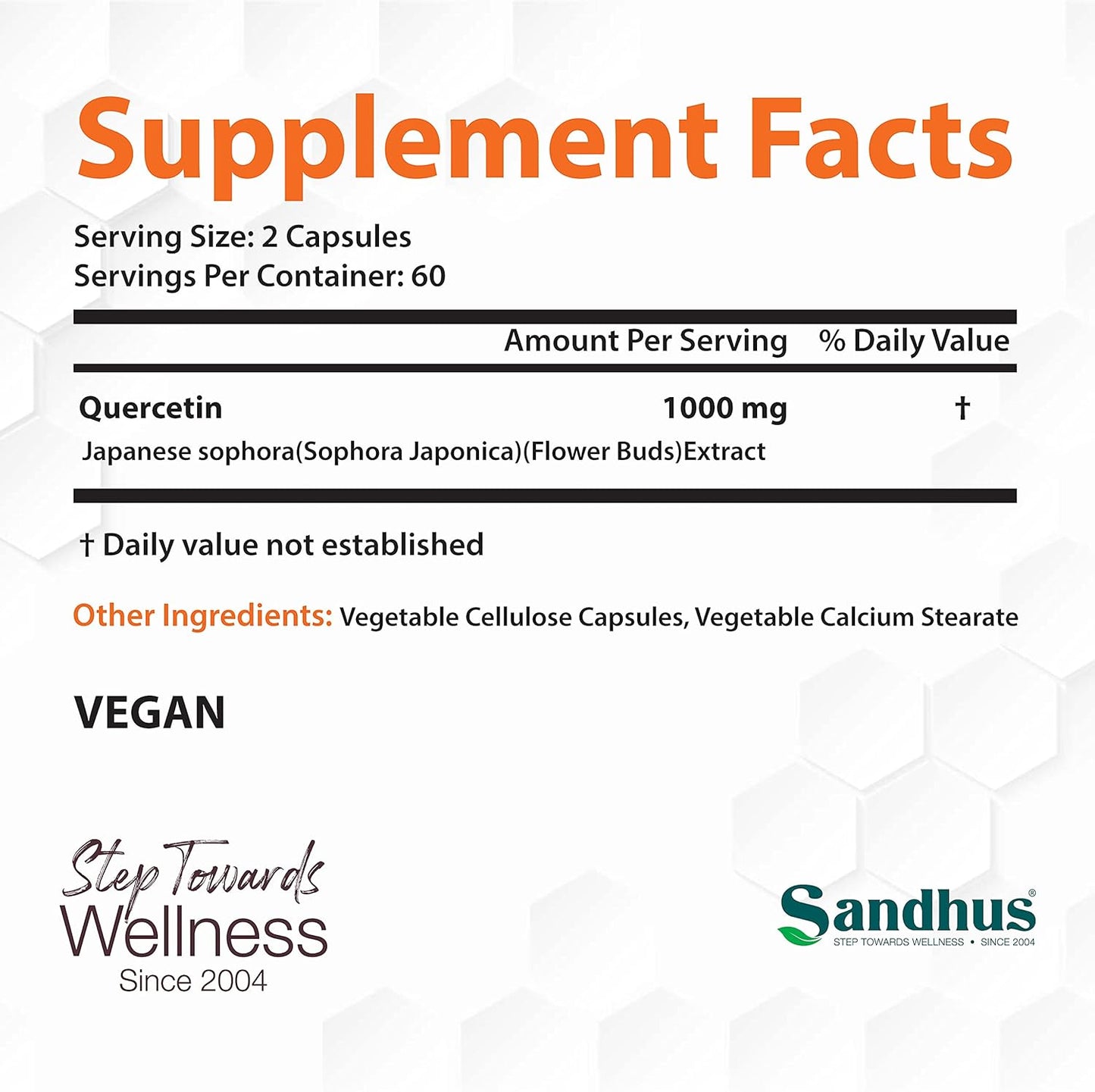 Sandhu's Quercetin 1000mg Per Serving 120 Count Vegetarian Capsules