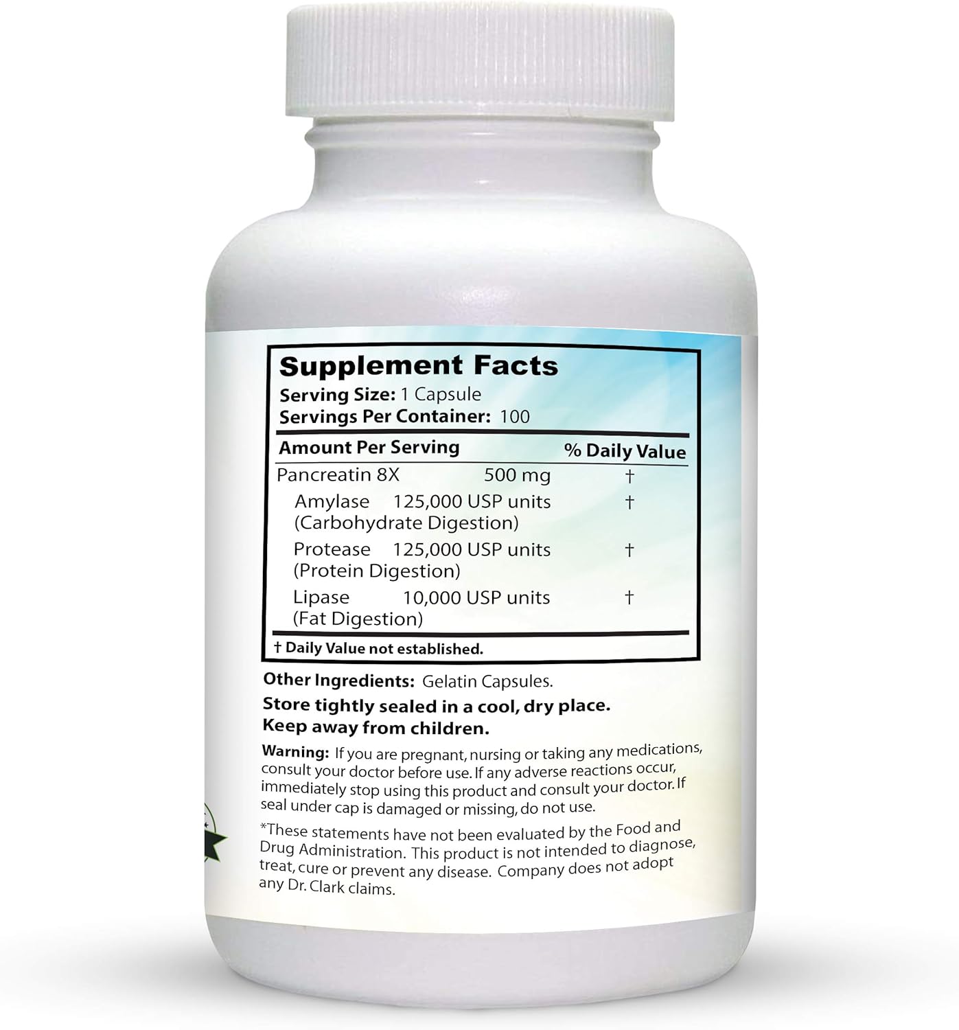 Dr. Clark Pancreatin 8X Enzyme Supplement 500mg -  100 Gelatin Capsules