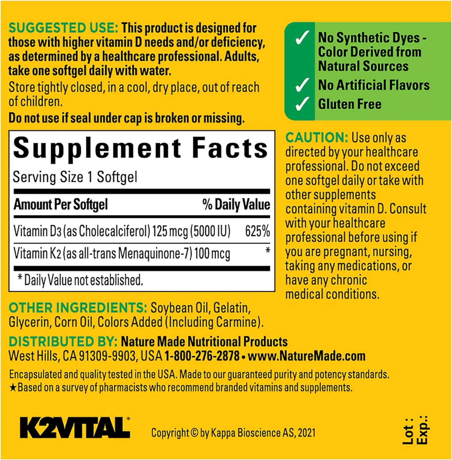 Nature Made Vitamin D3 K2, 5000 IU (125 mcg) 30 Softgels