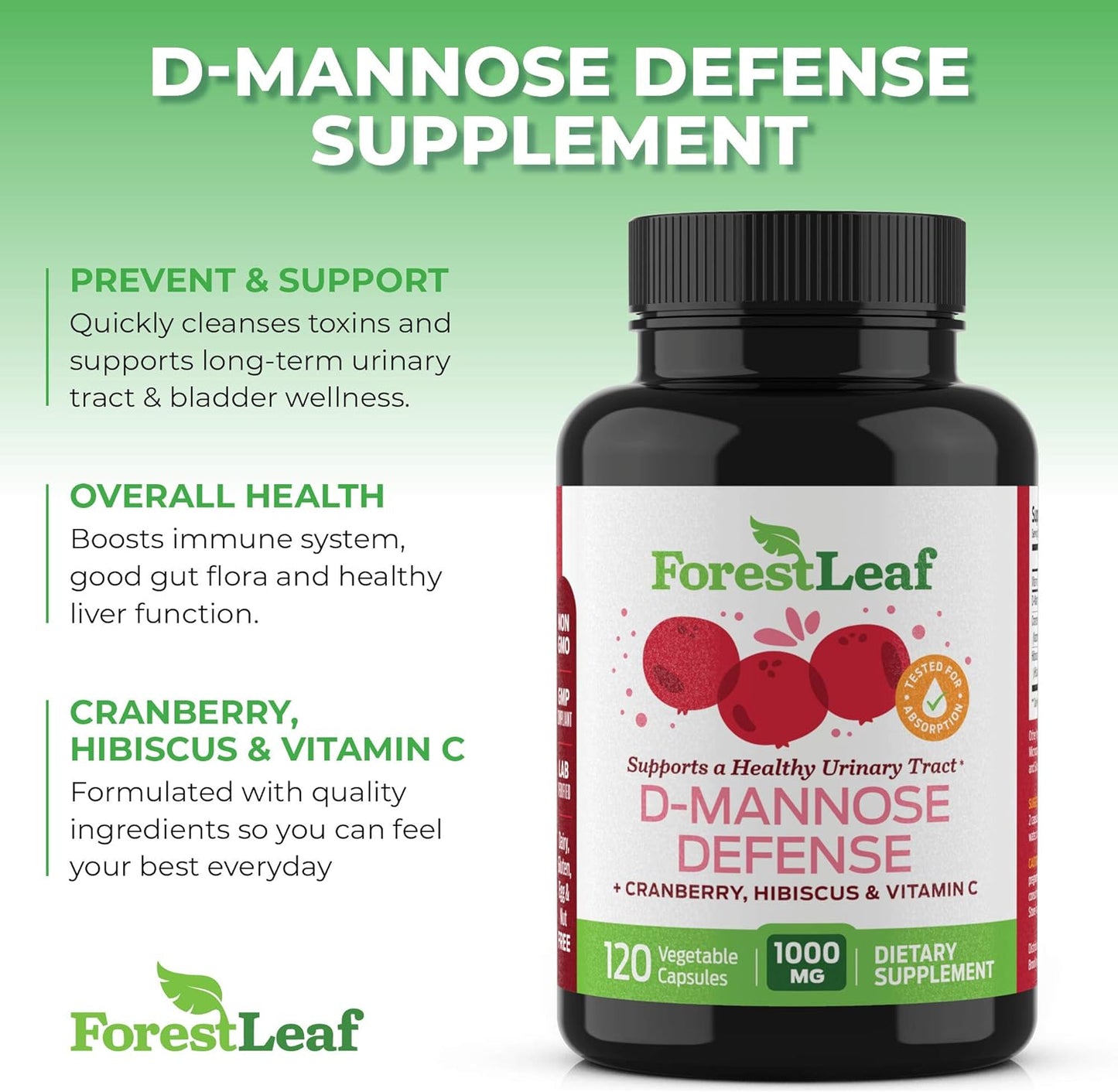 ForestLeaf D-Mannose Defense 1000mg - - 120 Veggie Capsules