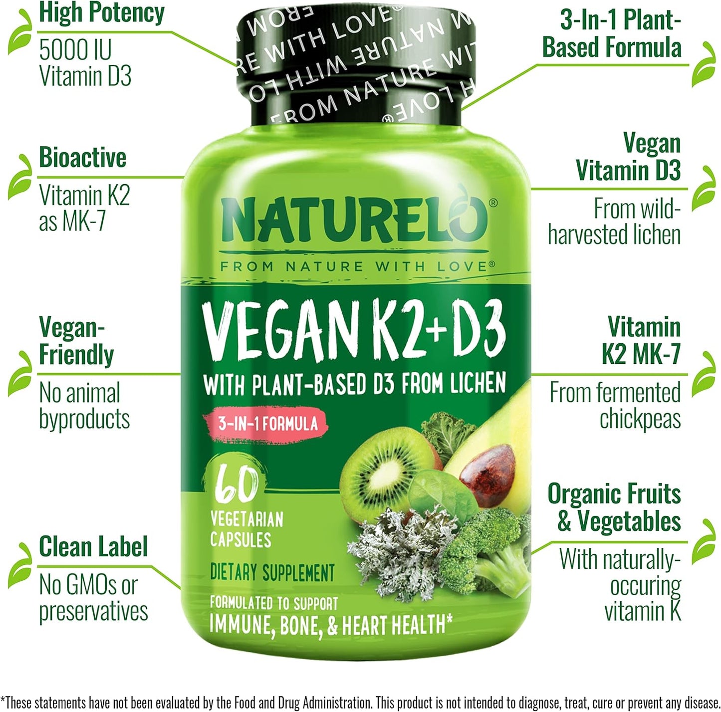 NATURELO Vegan K2+D3 - Plant Based D3 from Lichen - 60 count