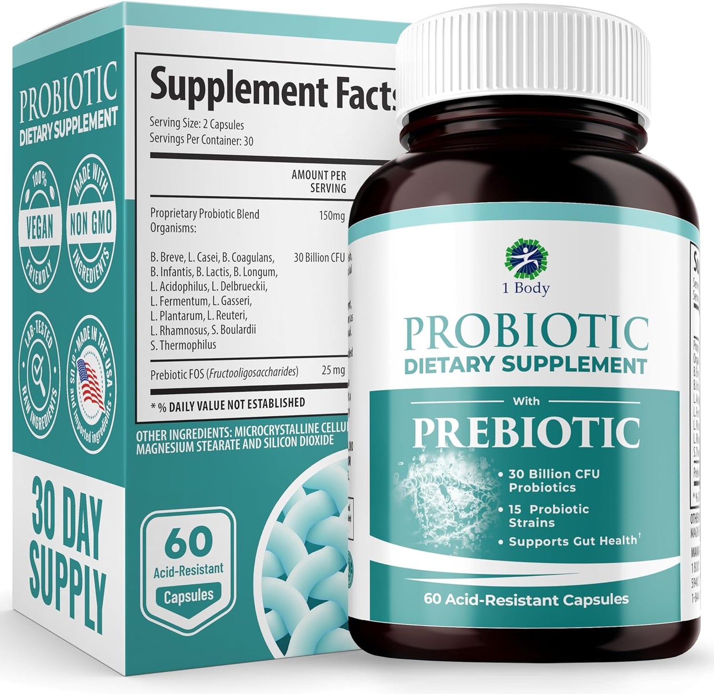 30 Billion CFU Probiotic Supplement with Prebiotics 60 Capsules