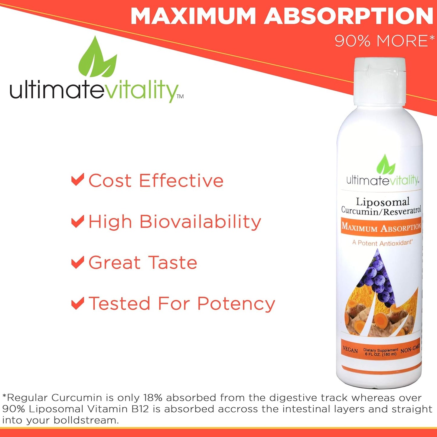 UltimateVitality Liposomal Curcumin Liquid, Liposomal  Enhanced with Resveratrol 6 FL oz