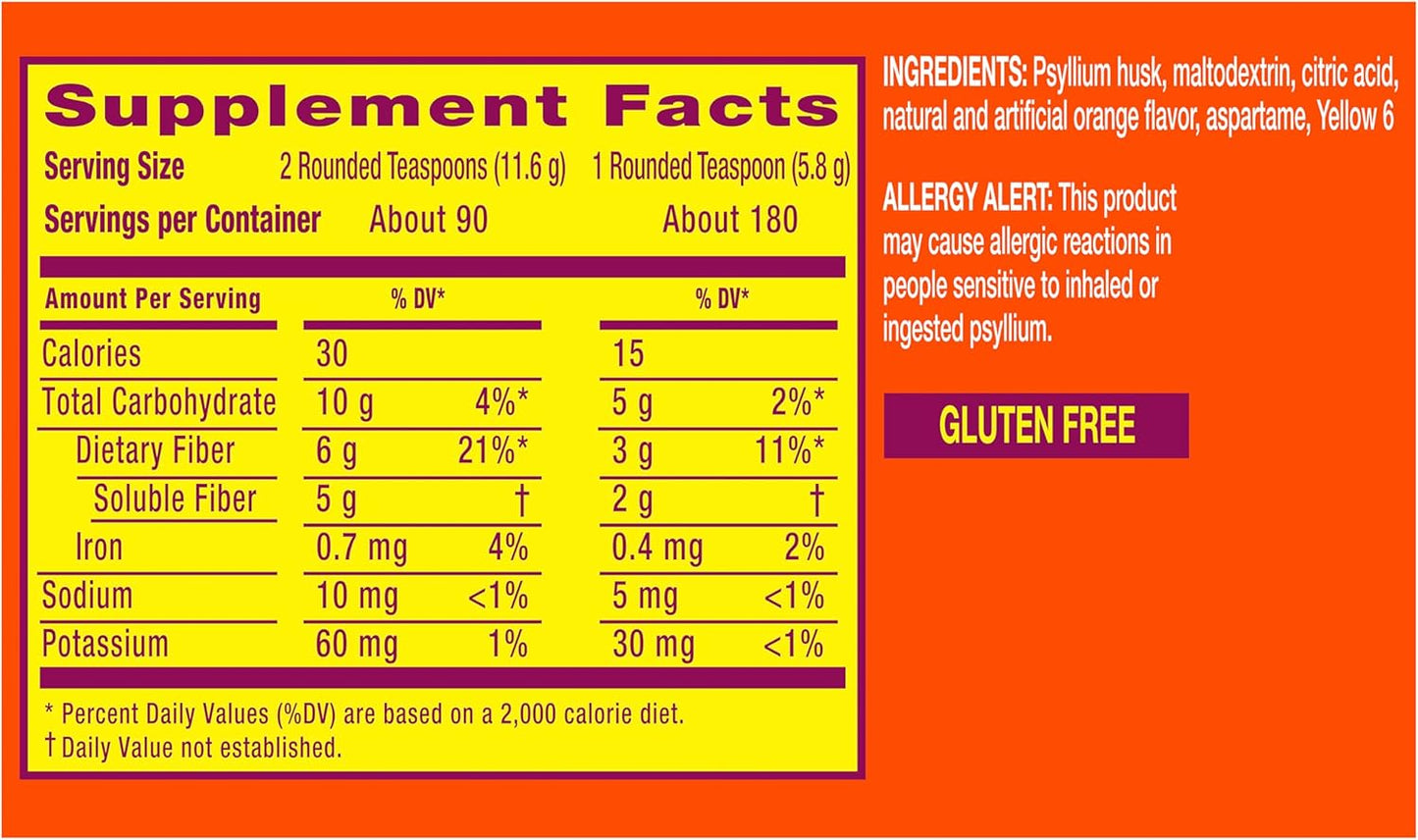 Metamucil 4-in-1 Fiber Supplement , Sugar-Free Fiber , Orange Flavored, 180 teaspoons