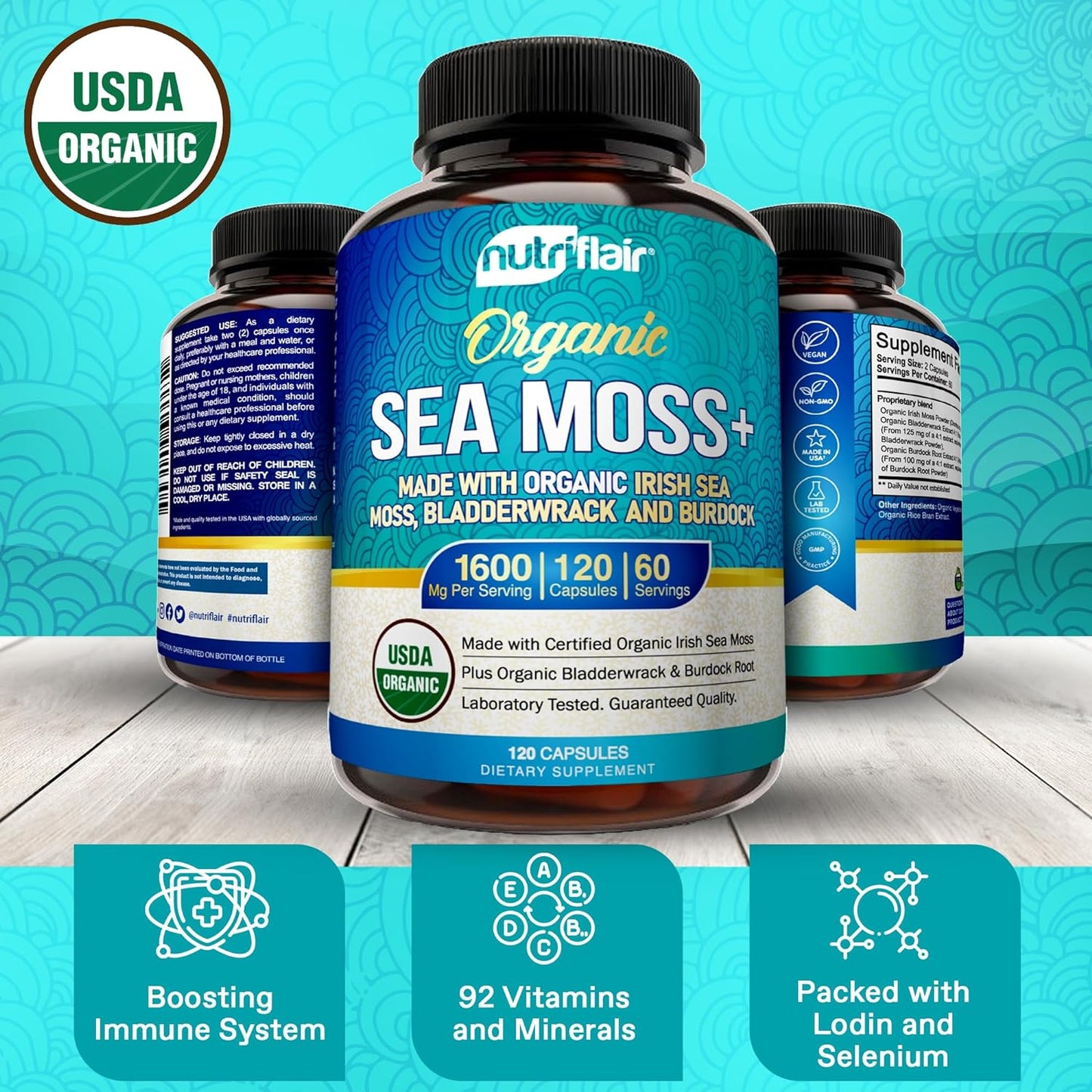 NutriFlair Organic Irish Sea Moss 1600mg, 120 Capsules