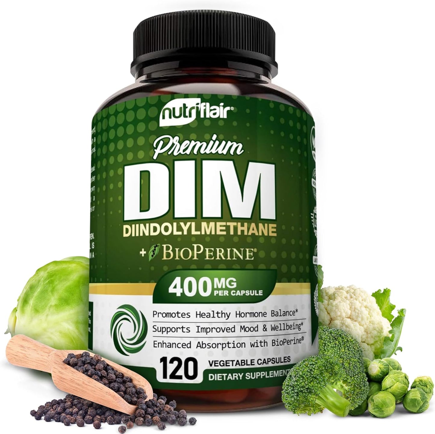 NutriFlair DIM Supplement 400mg with Bioperine, 120 Capsules