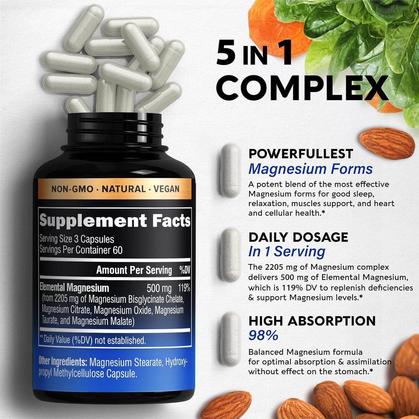 Magnesium Supplement - 5 in 1 Complex 500 mg 180 Capsules