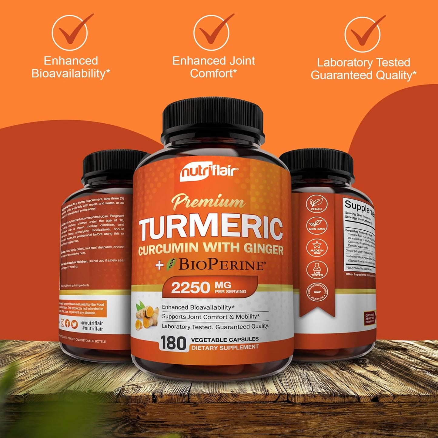 NutriFlair Turmeric Curcumin with Ginger and BioPerine Black Pepper  180 Capsules