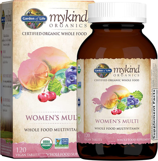 Garden of Life Organic Multivitamin for Women, mykind Organics Womens Multi with Vitamin C, D, Folate, B6, B12, Biotin, Iron, Vegan Whole Food Vitamins for Women, Energy, Skin, Nails, 120 Tablets