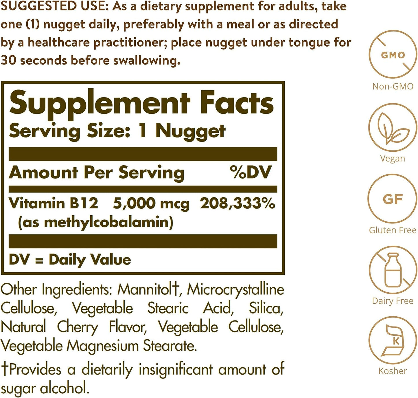 Solgar Methylcobalamin (Vitamin B12) 5000 mcg, 60 Nuggets - Supports Energy Metabolism - Body-Ready, Active Form of B12 - Vitamin B - Non GMO, Vegan, Gluten, Dairy Free, Kosher - 60 Count