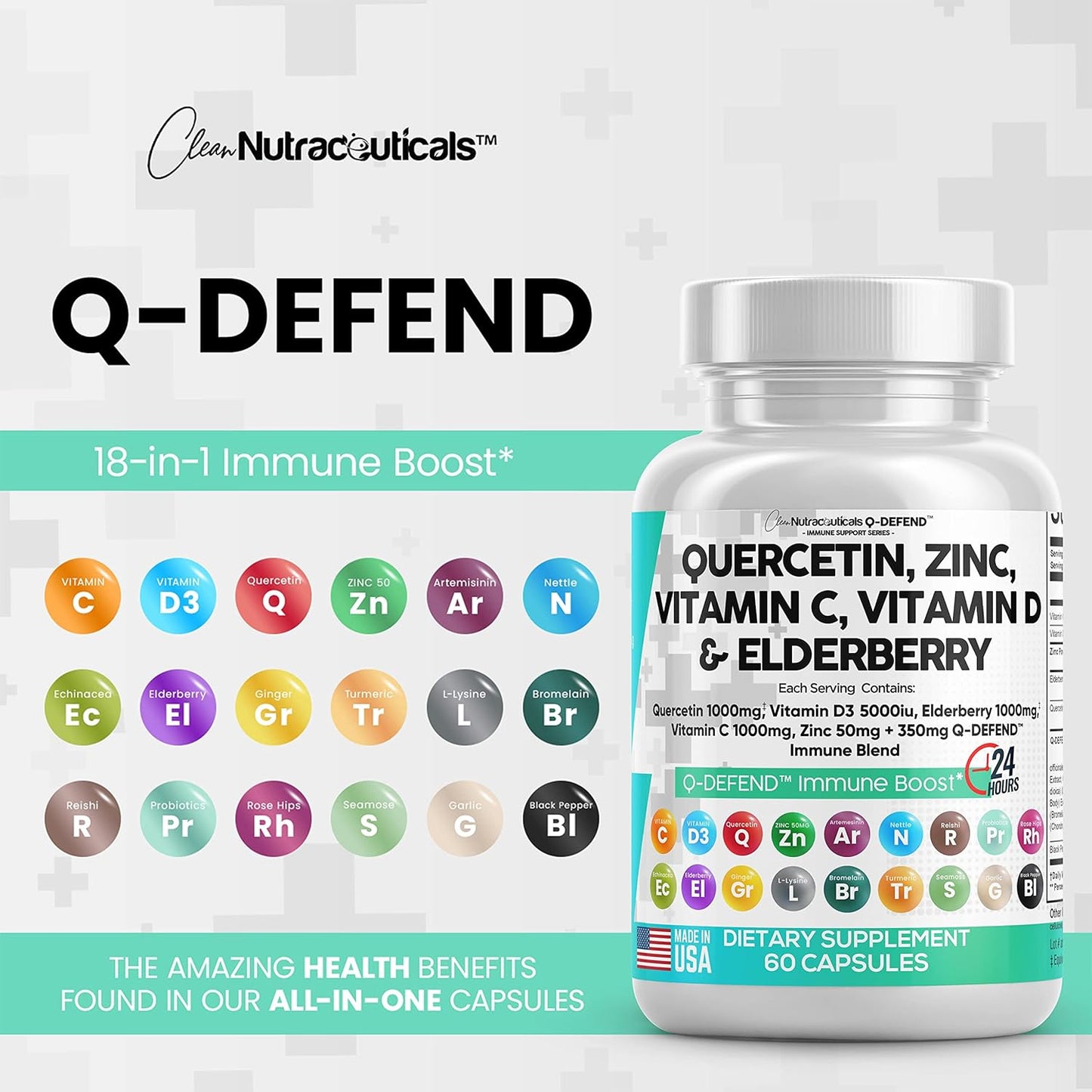 Quercetin Zinc  Vitamin C  Vitamin D  Bromelain Elderberry 60 capsules