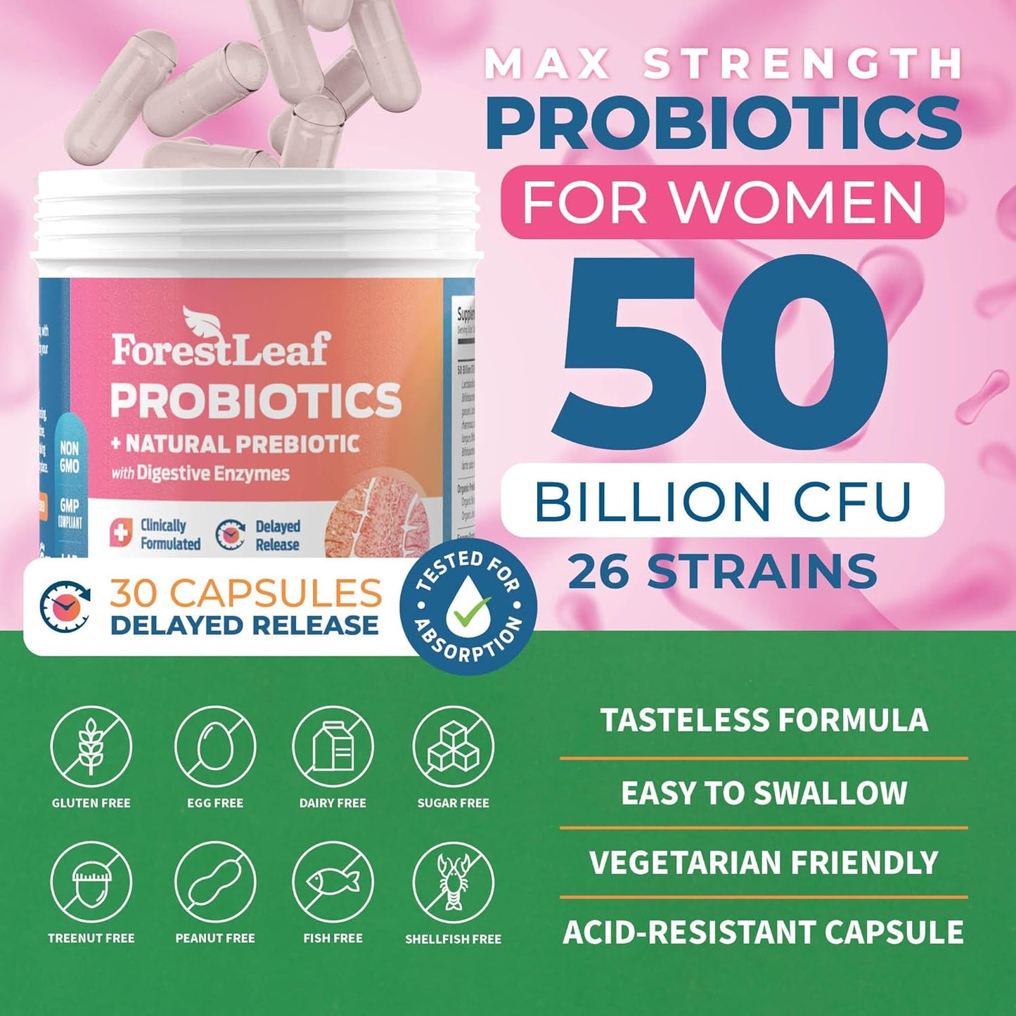 ForestLeaf Womens Probiotic 50 Billion CFU with Organic Prebiotics - 30 Caps