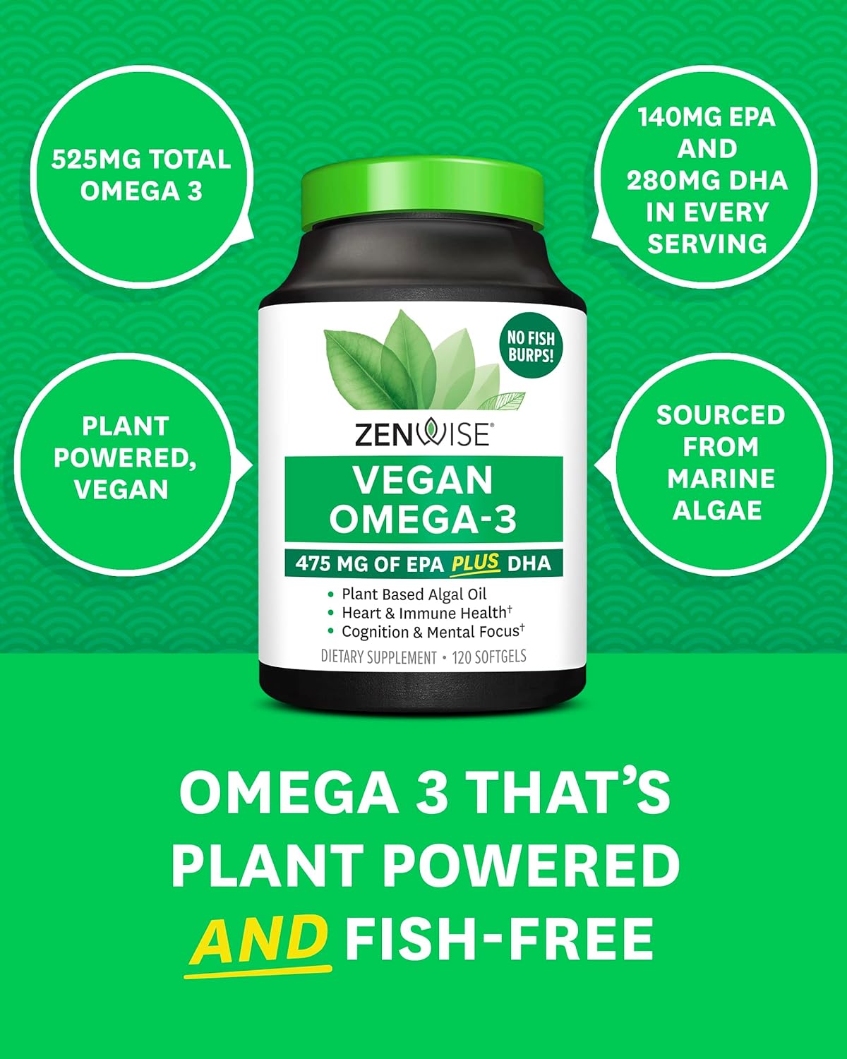 Zenwise Vegan Omega-3 Plant Based Fish Oil Alternative Marine Algal Source for EPA and DHA Fatty Acids 120 count