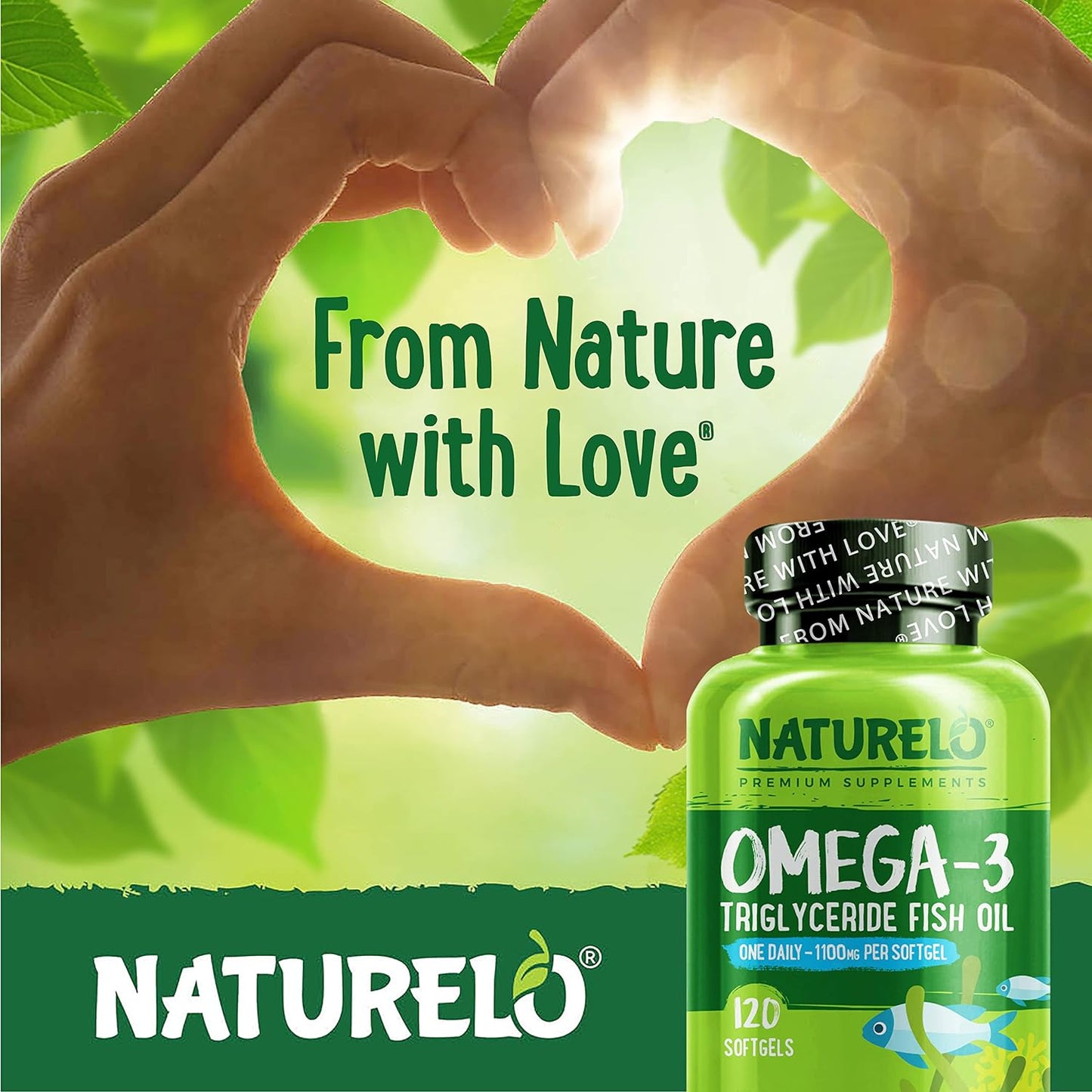 NATURELO Omega-3 Fish Oil Supplement - EPA + DHA - 1100 mg Triglyceride Omega-3 per Gel - 120 count