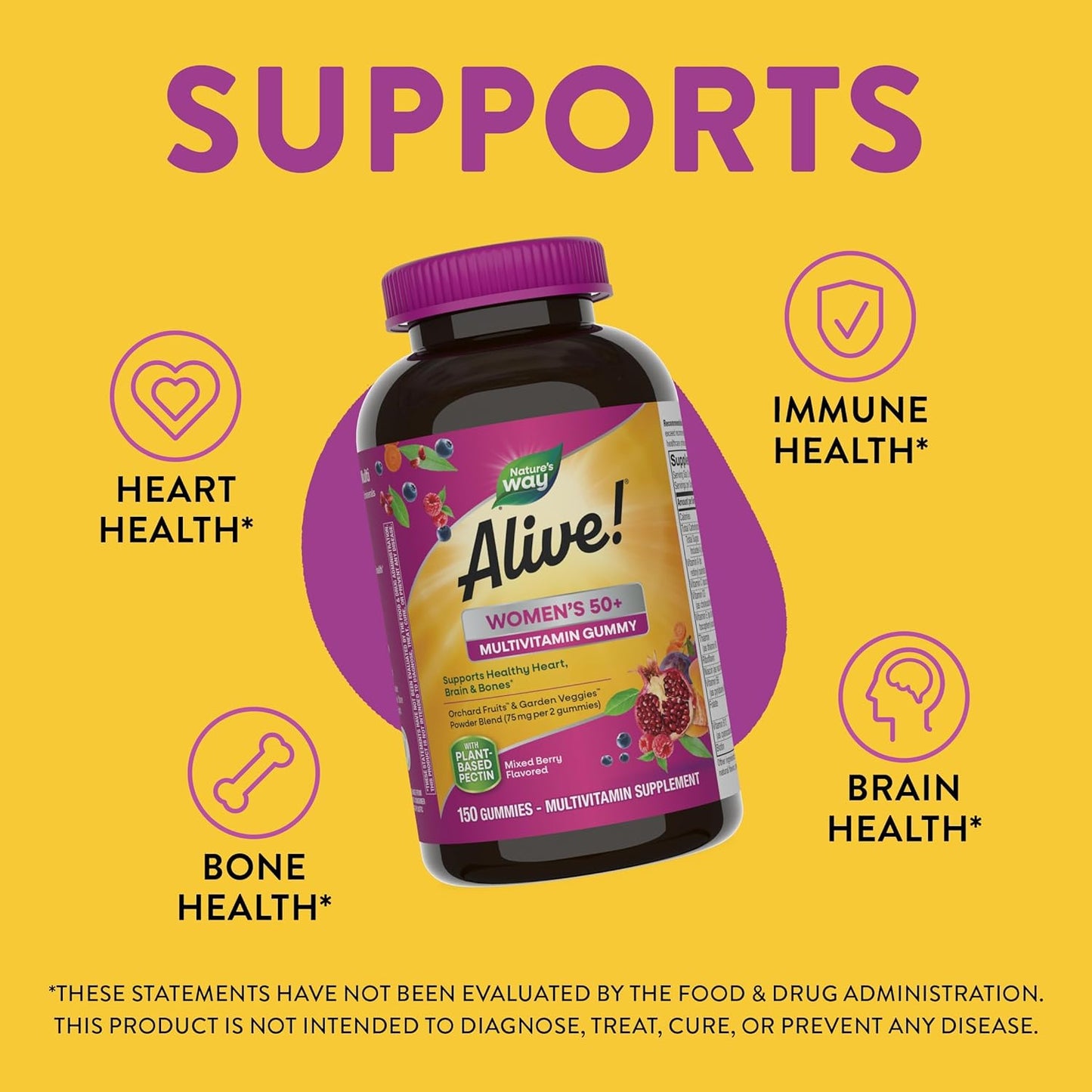 Nature's Way Alive! Women’s 50+ Daily Gummy Multivitamins, Supports Healthy Heart, Brain & Bones, Mixed Berry Flavored, 150 Gummies