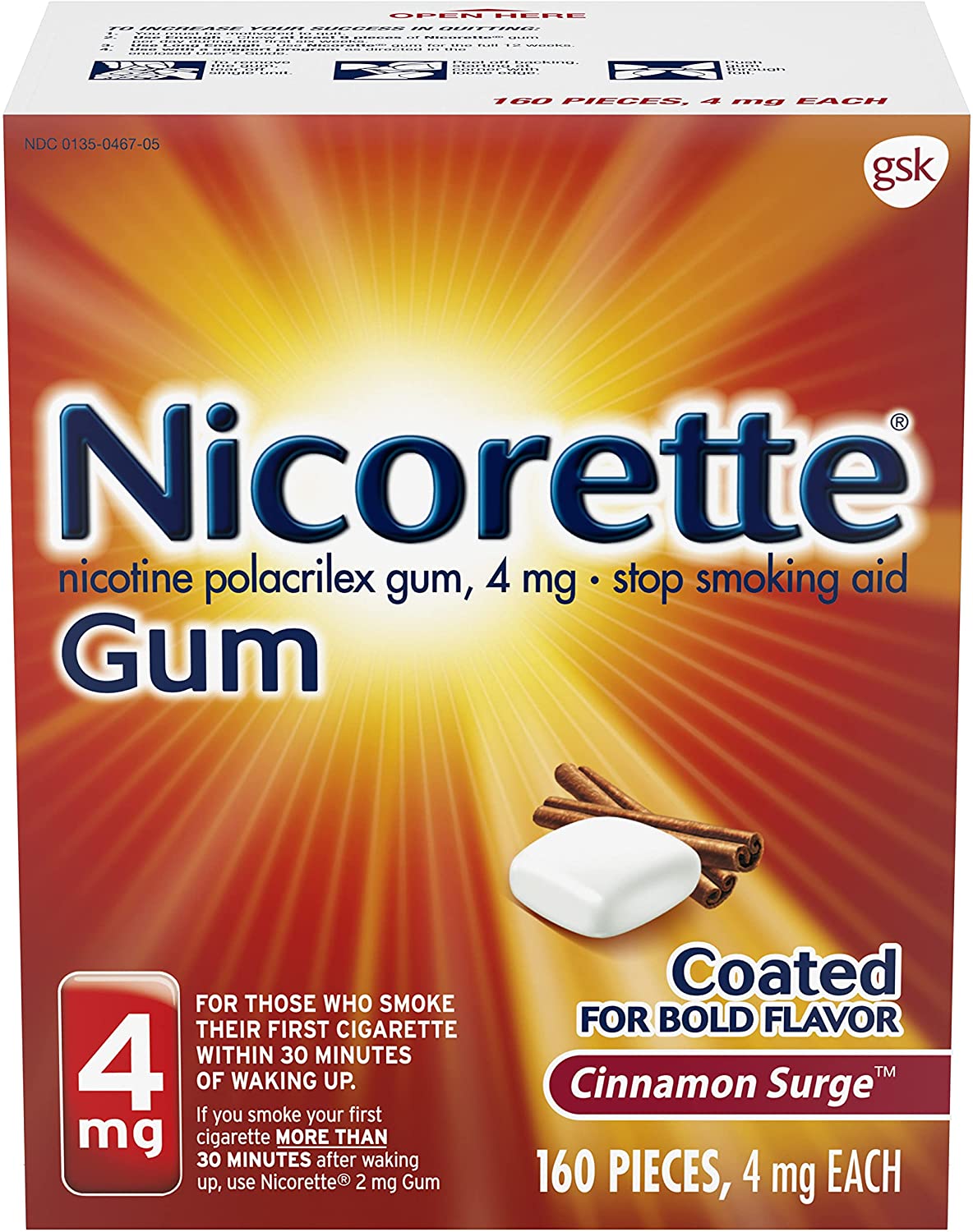 Nicorette 4mg Nicotine Gum to Quit Smoking Surge Flavored Stop Smoking Aid, Cinnamon 160 Count