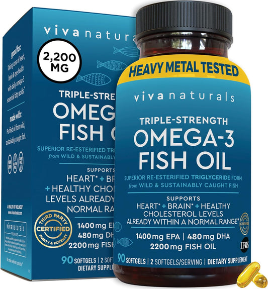 Viva Naturals Triple Strength Omega 3 Fish Oil Supplement - 2200 mg Wild Caught and Suplment 90 count