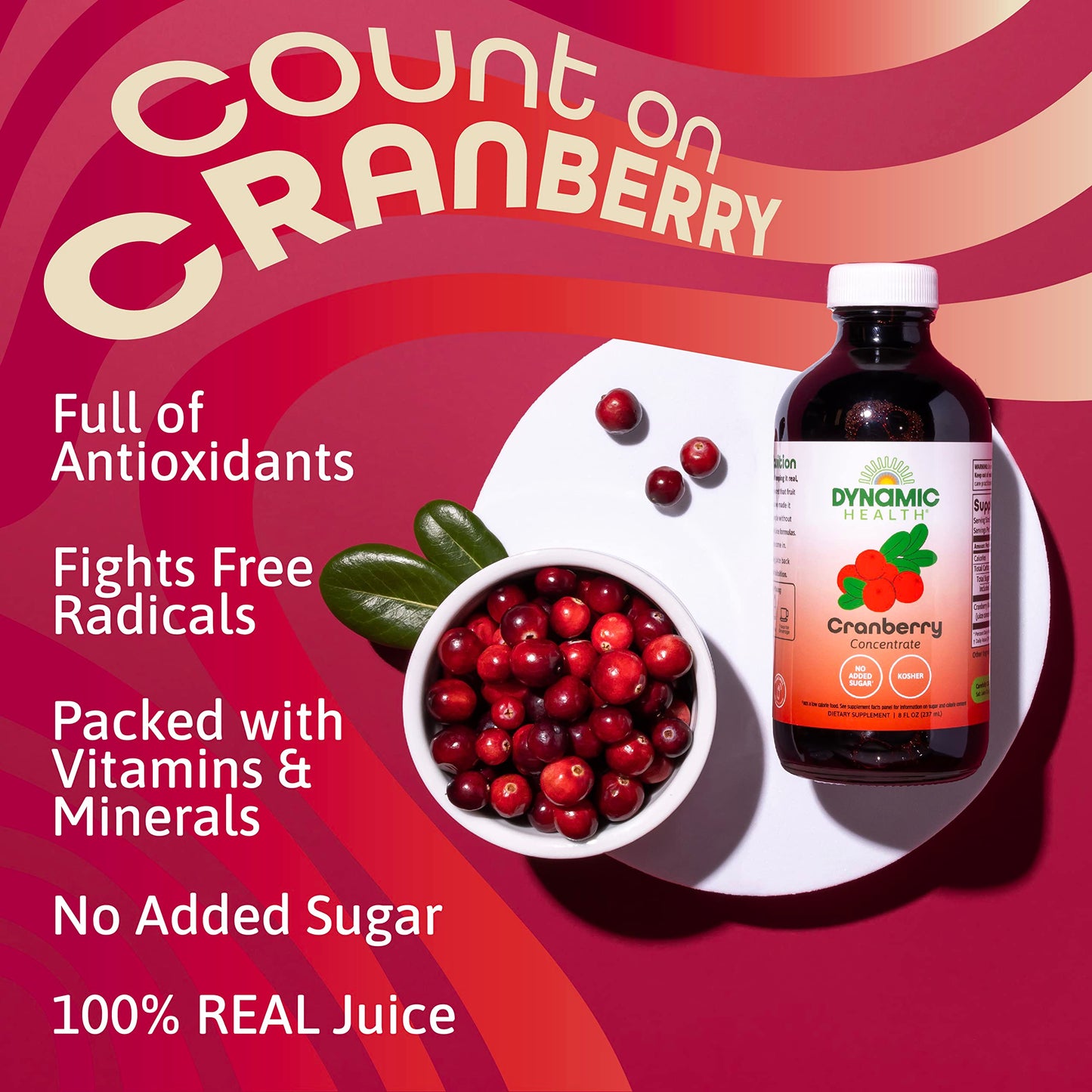 Dynamic Health Pure Cranberry Unsweetened 100% Juice Concentrate, Natural Antioxidant Supplement, 16 Servings, 16oz