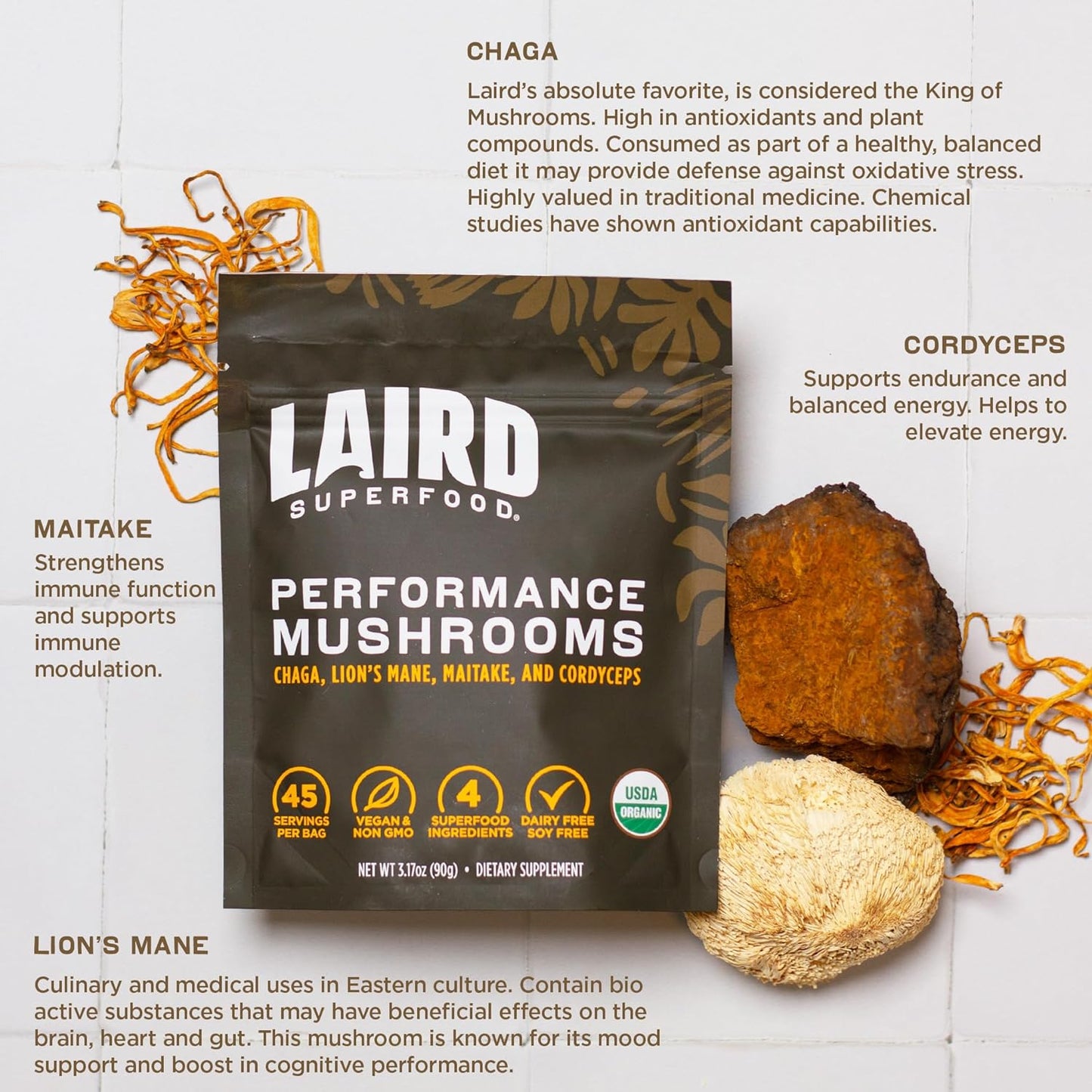 Laird Superfood Organic Performance Mushroom Blend 3.17 oz.